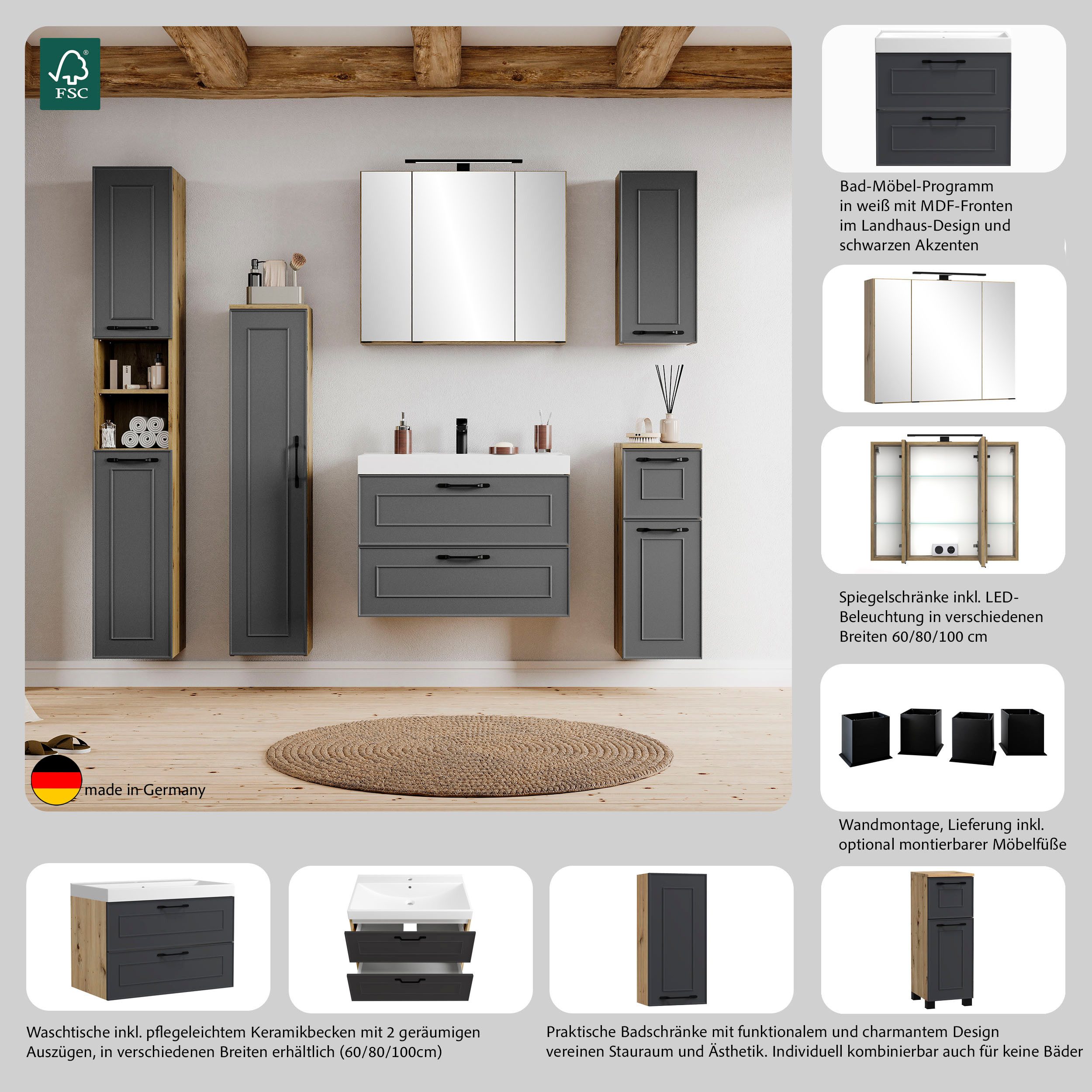 welltime Waschtisch CADIZ, Waschtisch, Landhausoptik, schwarze Akzente