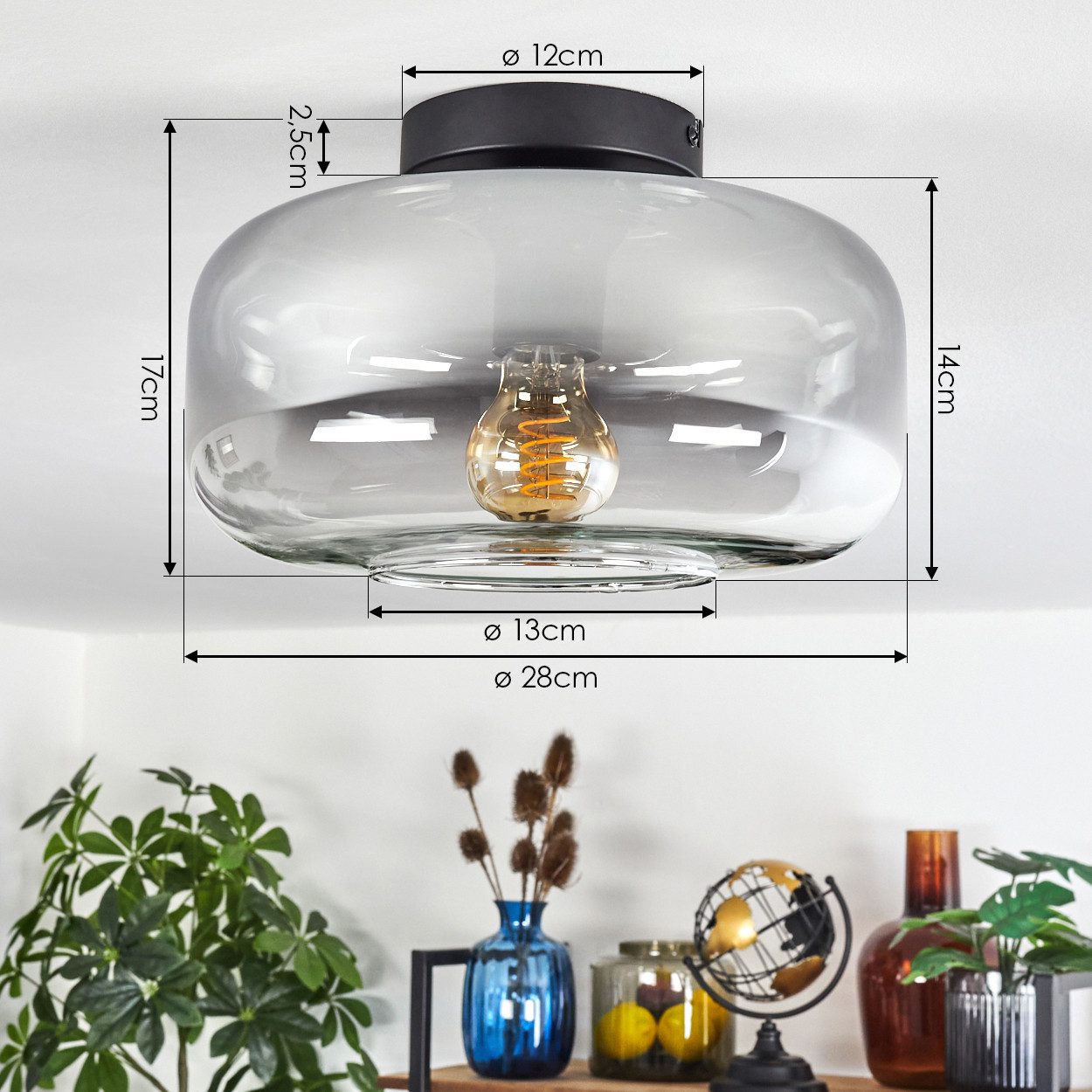 hofstein Deckenleuchte runde Deckenlampe aus Metall/Glas in Schwarz/Rauchfarben/Klar, ohne Leuchtmittel, im Vintage-Design mit Glasschirm (28 cm), 1 x E27, ohne – Bild 4 von 5