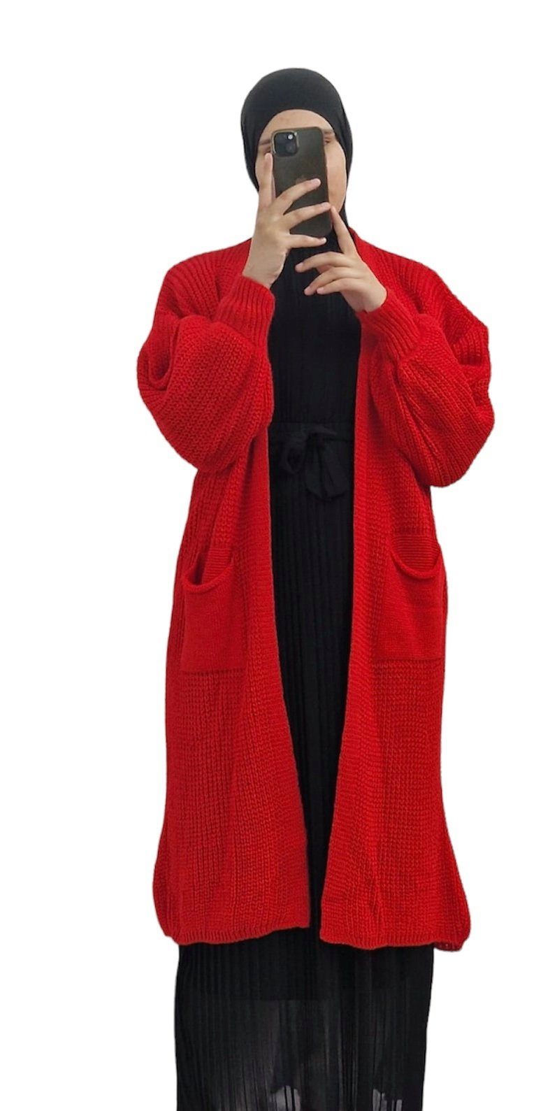 HELLO MISS Longstrickjacke Modisch Maxi Strickjacke mit aufgesetzten Taschen, Cardigan Lang Rot