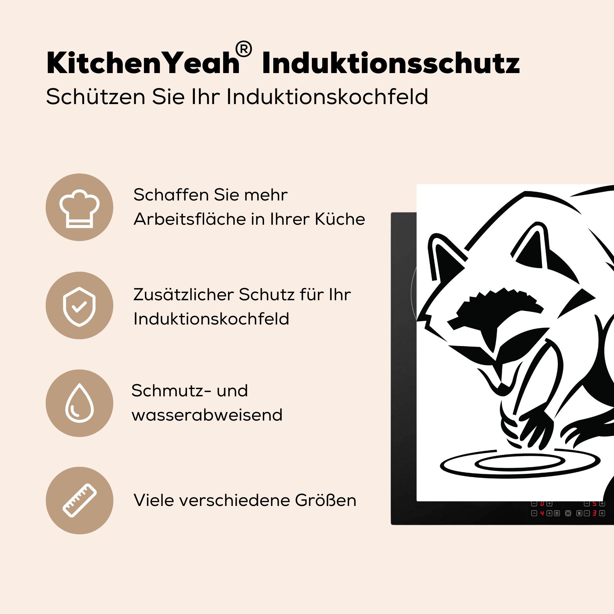 für Illustration (1 Arbeitsplatte Herdblende-/Abdeckplatte Vinyl, tlg), Ceranfeldabdeckung, cm, Waschbären in küche MuchoWow Linien, eines 78x78