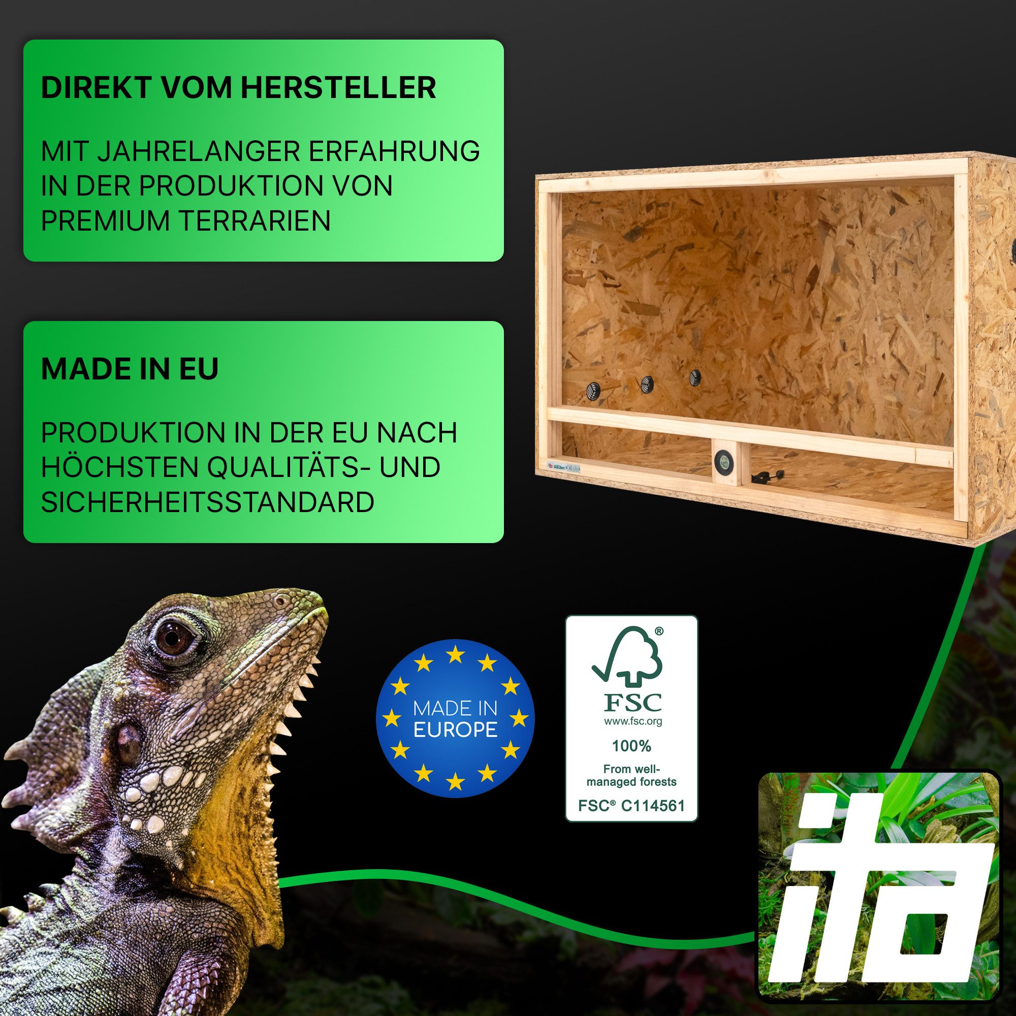 ITA Terrarium Holz Terrarium 100х60х60 mit Seitenbelüftung & Integriertem Hygrometer, Holzterrarium aus OSB - Terrarien für Reptilien, Schlangen, Amphibien