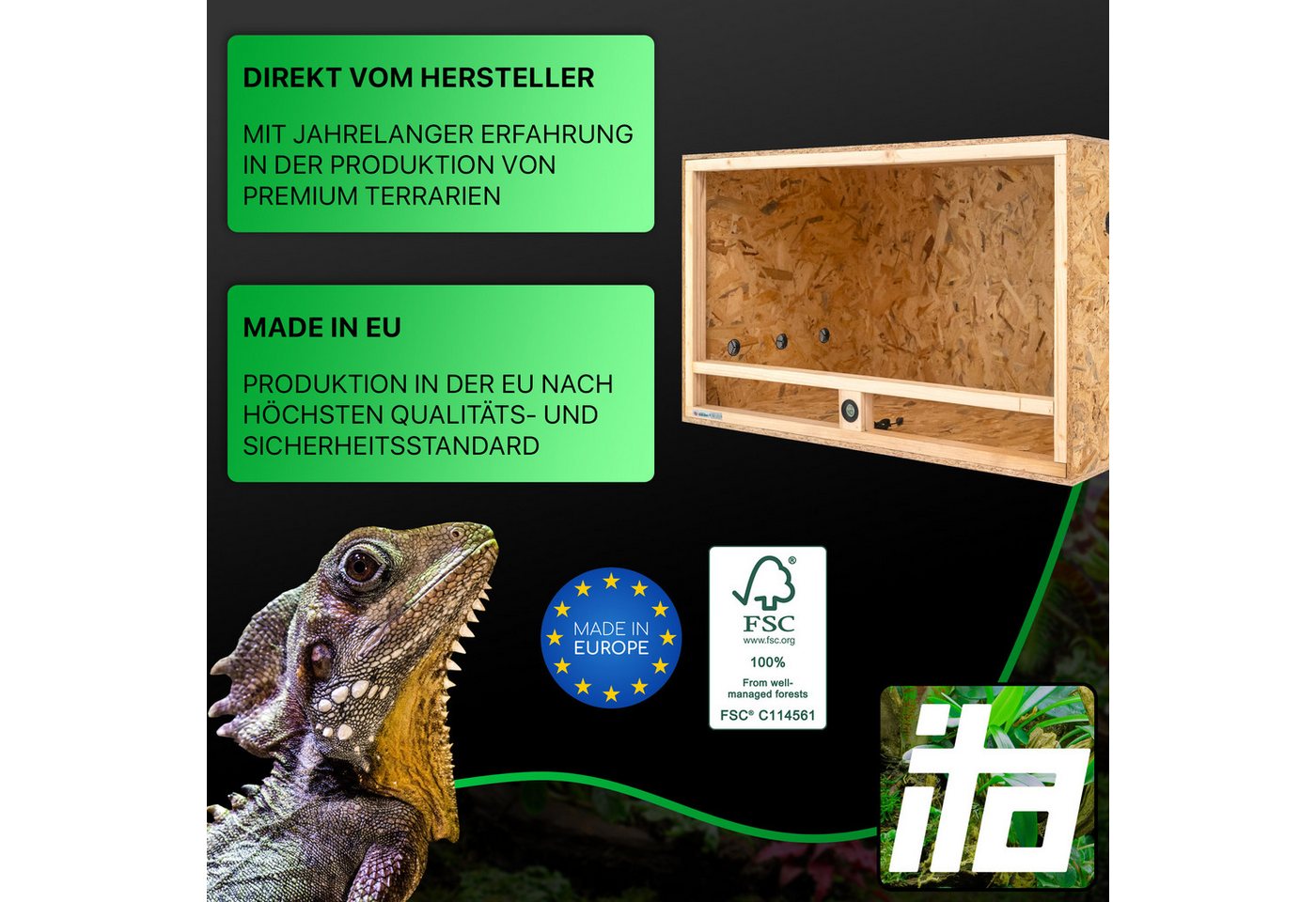 Thumbnail - ITA Terrarium Holz Terrarium 100х60х60 mit Seitenbelüftung & Integriertem Hygrometer, Holzterrarium aus OSB - Terrarien ...