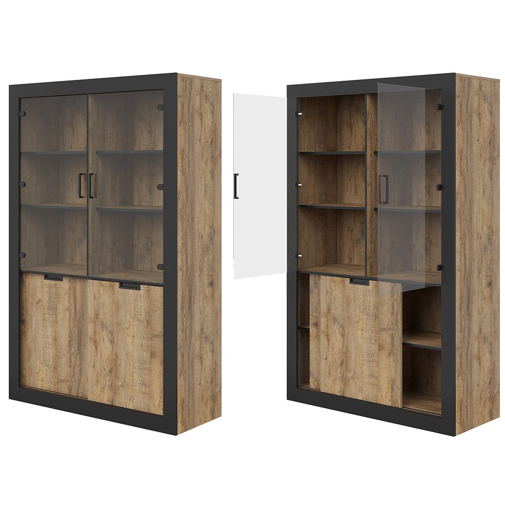 Lomadox Wohnzimmer-Set TOLOSA-83, (Mega-Spar-Set, 5-St., Couchtisch Lowboard Vitrine Sideboard Esstisch), Eiche mit Rahmen in Mattschwarz, Industrial Stil