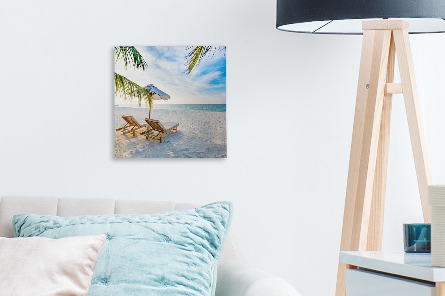 Schlafzimmer - - Strandkorb Bilder St), OneMillionCanvasses® Leinwandbild Wohnzimmer Sonnenschirm für Leinwand Sonnenuntergang, (1