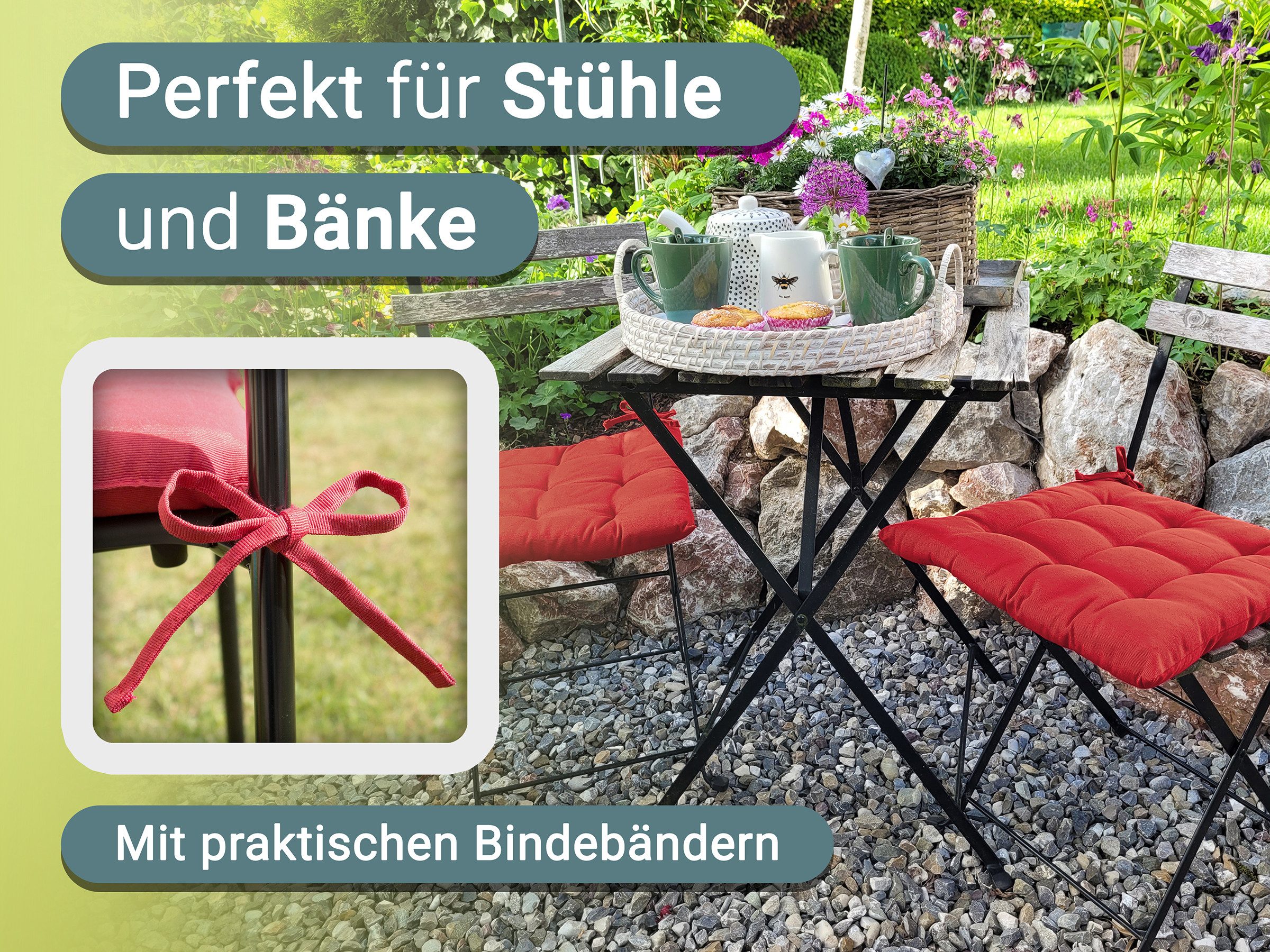 ZOLLNER Stuhlkissen, 40 x 40 x 3 cm, mit Bindebänder, für Indoor und Outdoor