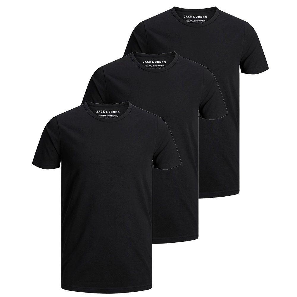 Jack & Jones T-Shirt Herren Basic T-Shirt 3er Pack Rundhals O-Neck Regular Baumwolle Lycra 3er Pack Black (Schwarz)