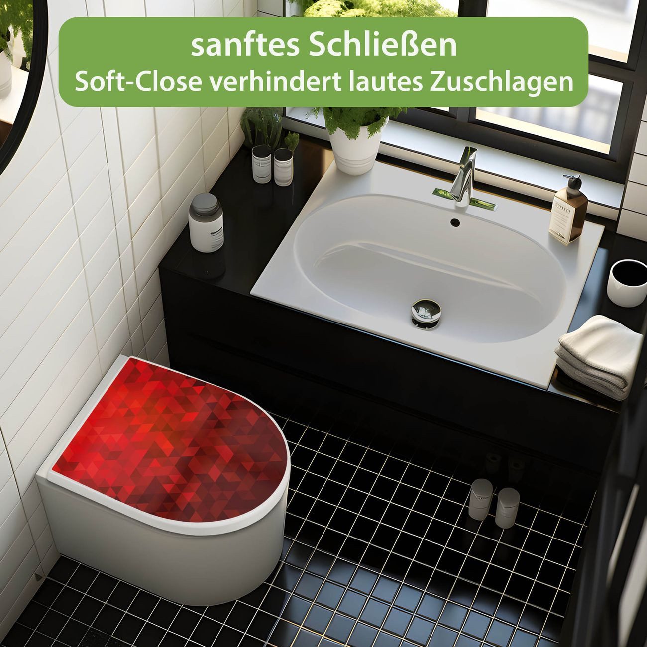 banjado WC-Sitz Premium D-Form mit Absenkautomatik Motiv Dreiecke Rot (umweltfreundliches Material, Softclose Absenkautomatik), 45 x 36,4 x 4