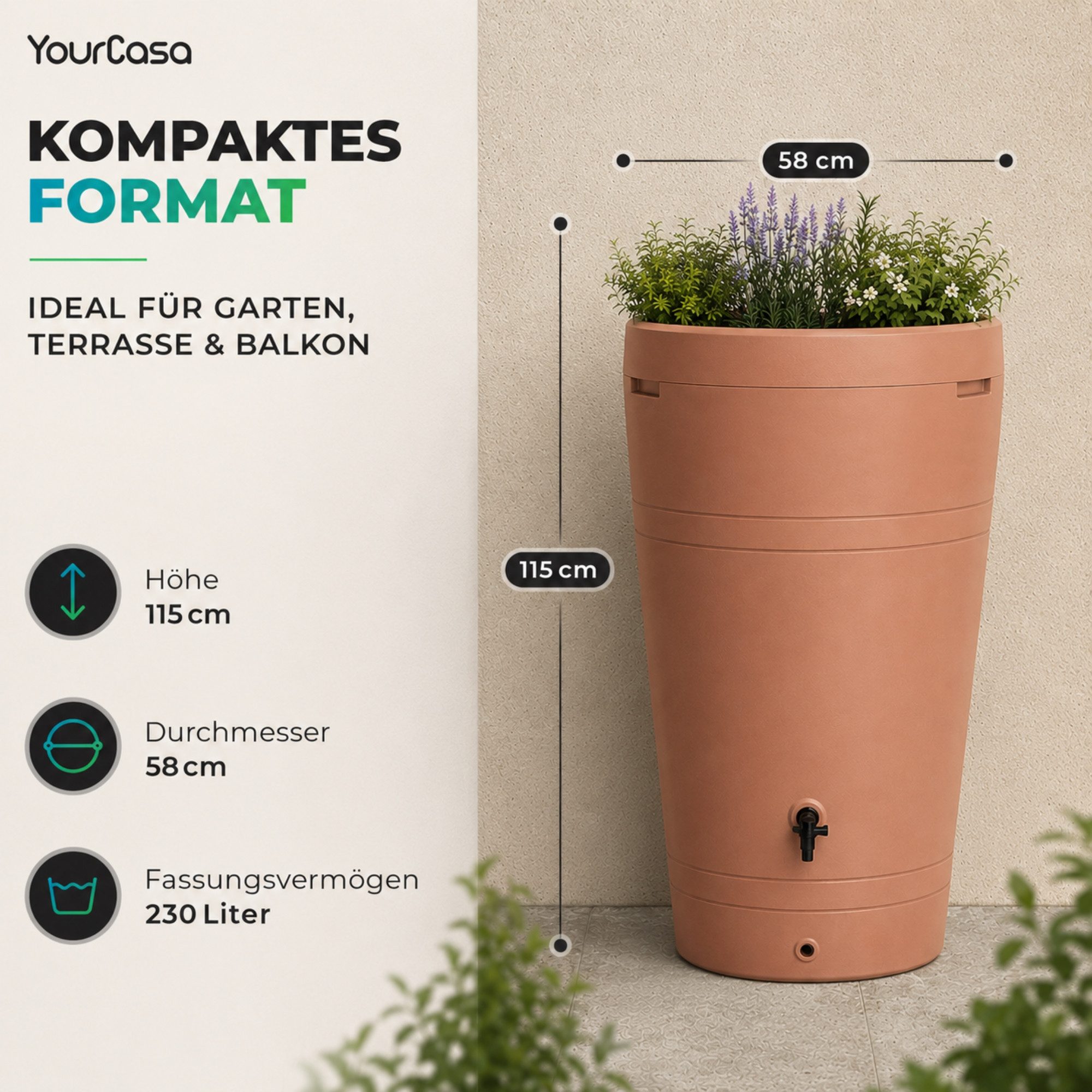 YourCasa Regentonne 230 Liter [Decore ] mit Pflanzeinsatz - Regenfass aus Kunststoff, bepflanzbarer Deckel, mit Wasserhahn,240L – Bild 4 von 5