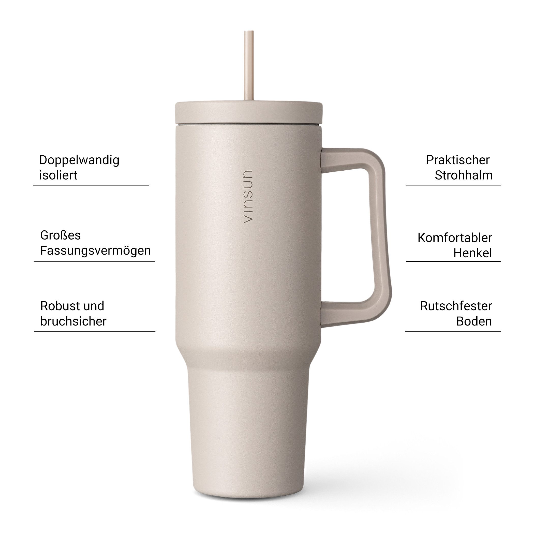 Vinsun Thermobecher Edelstahl Tumbler 1200ml 40oz - Isolierbecher mit Strohhalm und Henkel, 5-tlg., Edelstahl, Doppelwandig isoliert, BPA frei, bruchfest, Kalt- und Heißgetränke