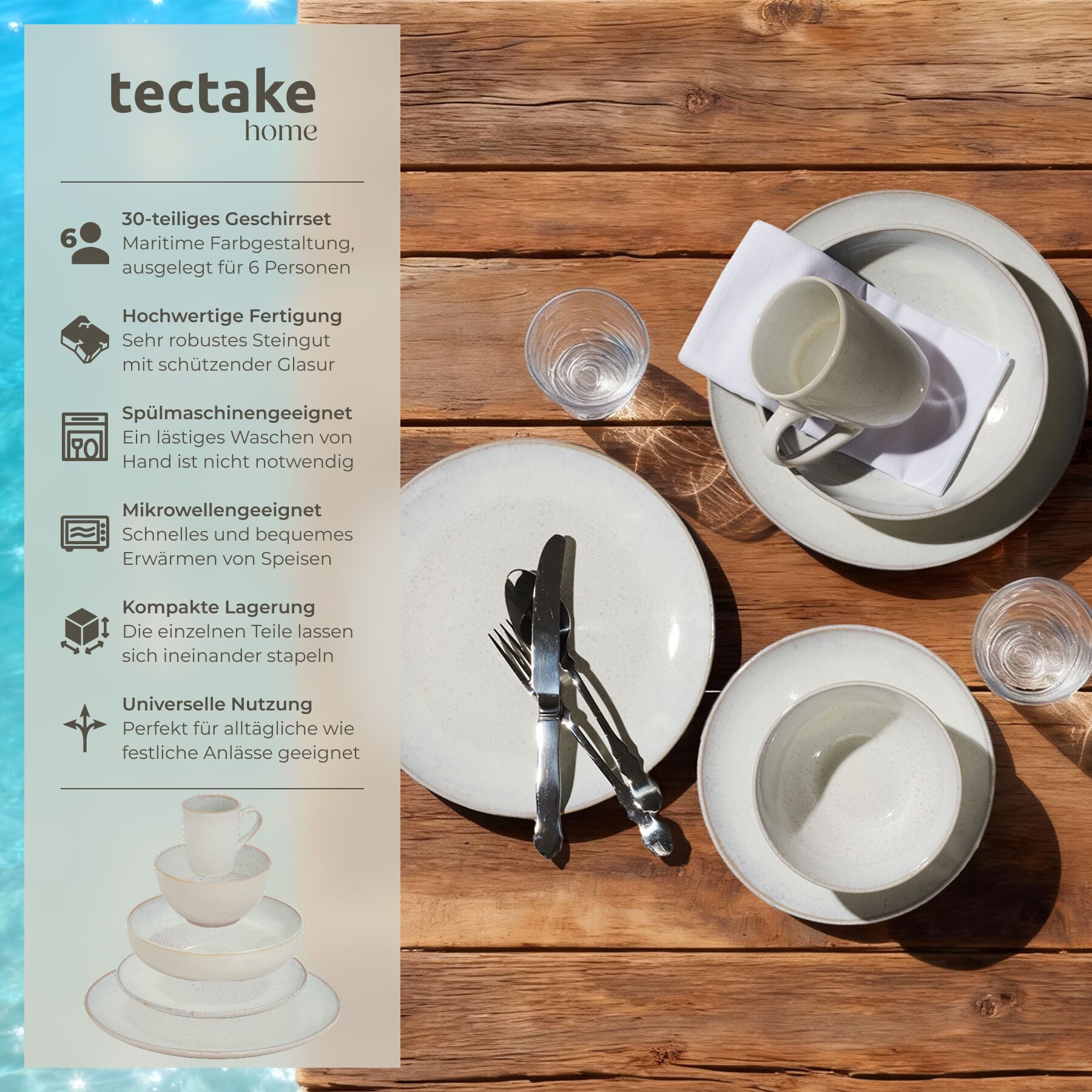 tectake Geschirr-Set Tafelservice aus Steingut für 6 Personen, ineinander stapelbar (30-tlg), 6 Personen, Steingut, handgefertigt, mit Glasur, spülmaschinen- un – Bild 2 von 5
