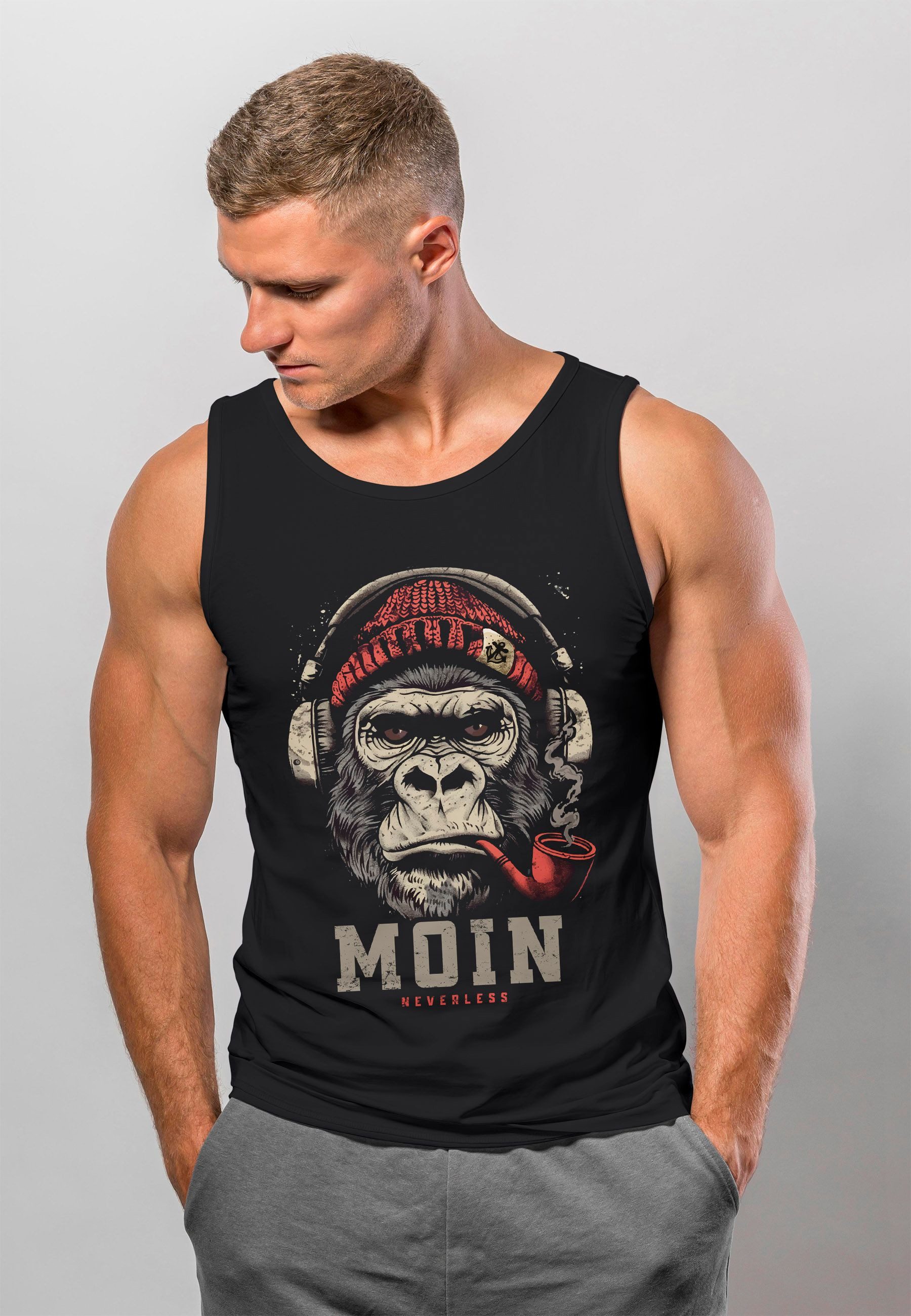 Neverless Tanktop Herren Tank-Top Shirt Moin Schriftzug Gorilla Musik Aufdruck mit Print