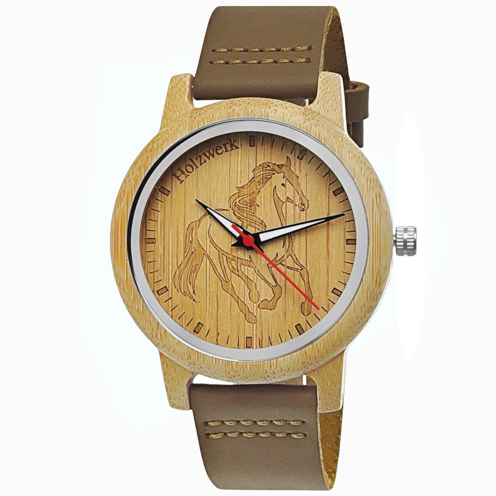 Holzwerk Quarzuhr TORI BROWN Damen Leder & Holz Uhr mit Pferd Motiv in braun, beige