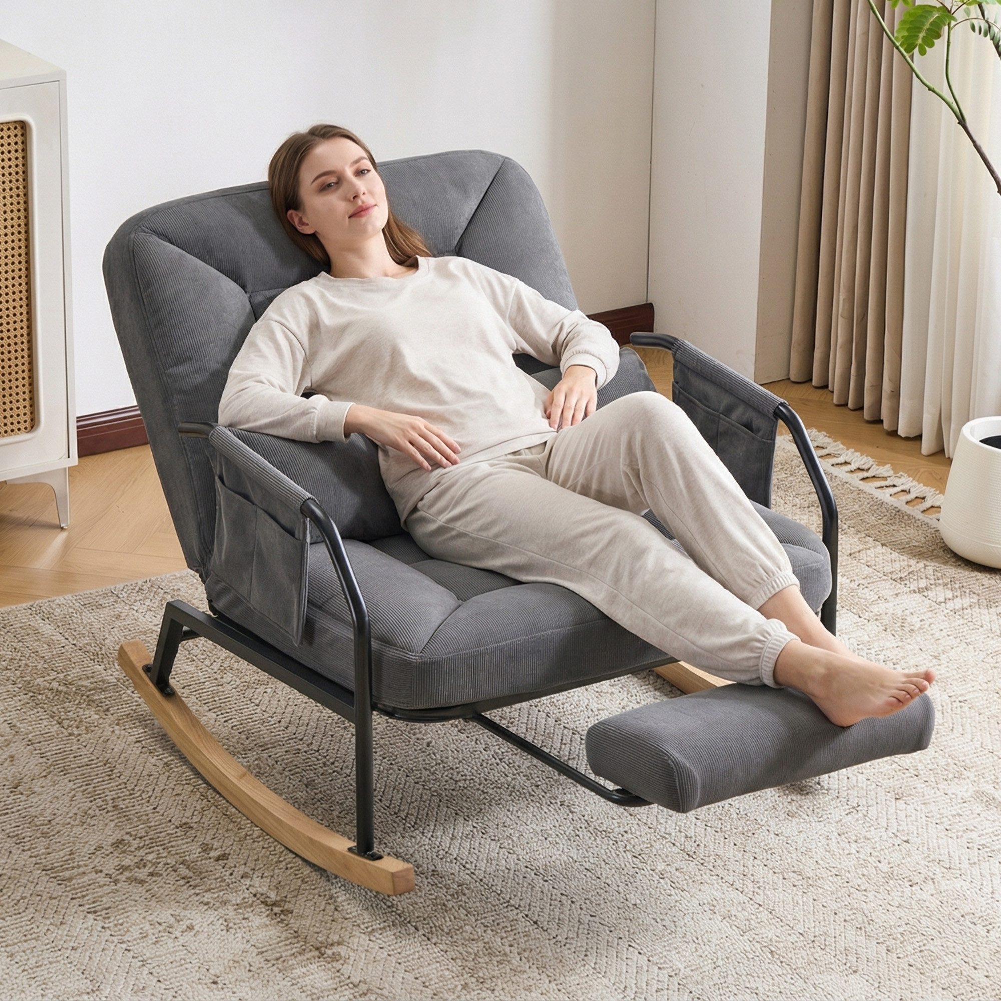 CANMOV Relaxsessel Schaukelstuhl mit ausziehbarer Fußstütze, Ergonomischer Schaukelsitz, mit Kissen und Fußstützung, verstellbare Rückenlehne 100°–160°