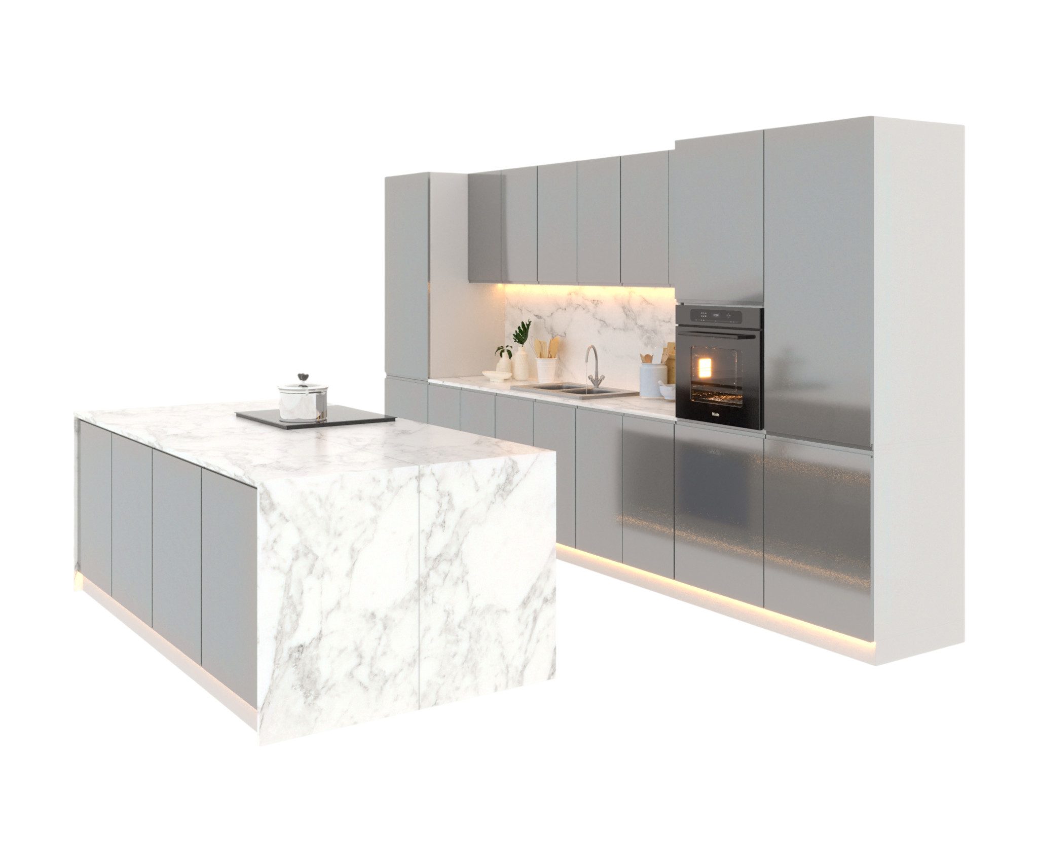 ROYAL24_MARKT Kücheninsel – KU-S13 – Aspen – Eleganz und Funktionalität in Hochglanz Weiß – Grau, (Komplett Set), Luxus – Edel – Zeitlos