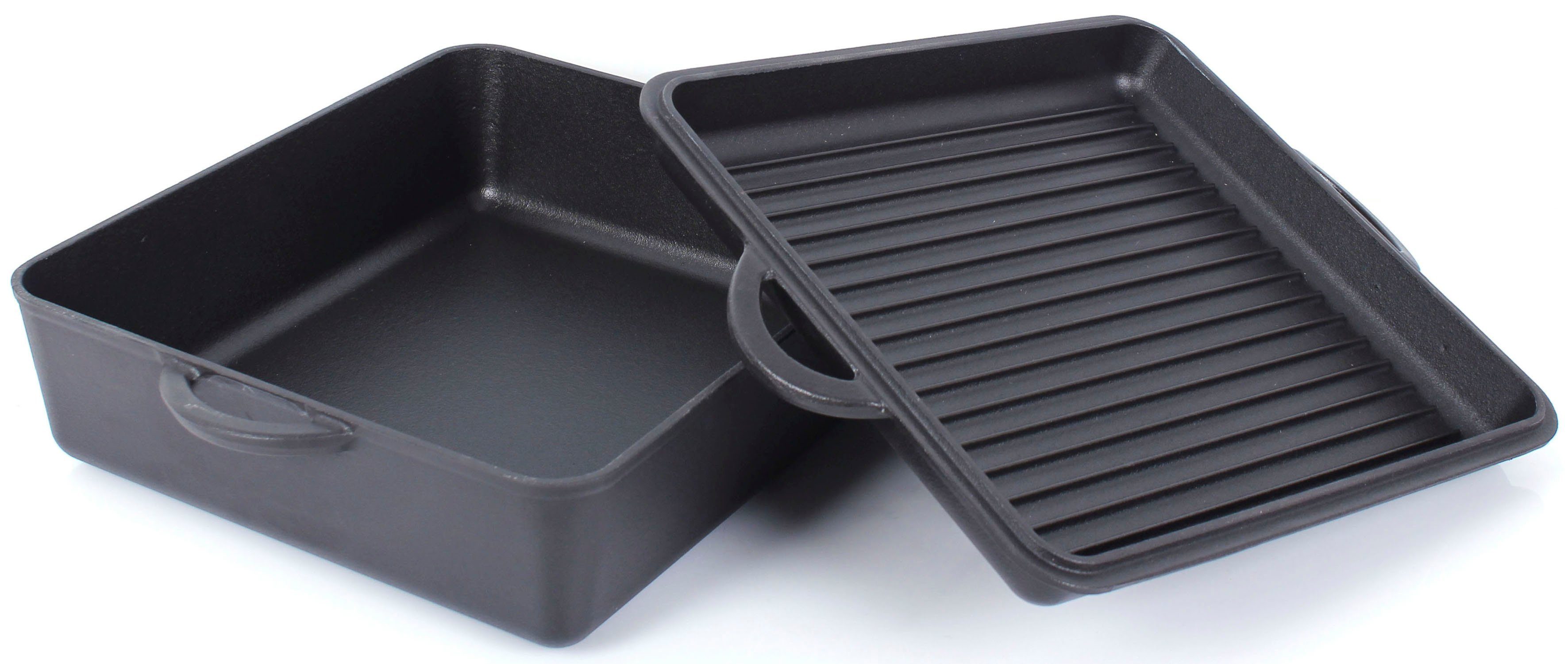 ECHTWERK Bräter, Emaille, Gusseisen, Pre-Seasoned, Rechteckige Auflaufform, 2-in-1 Set