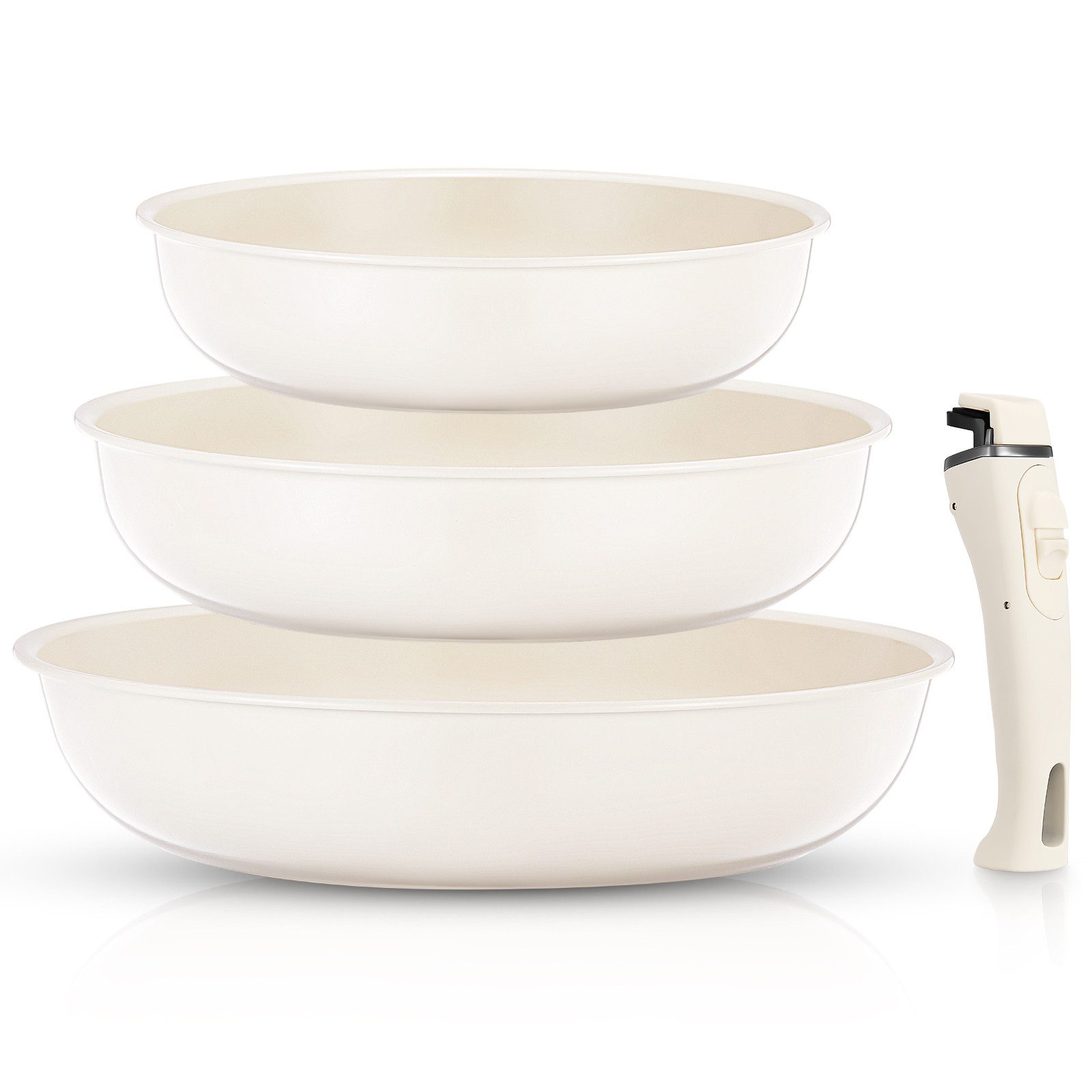 FOHERE Pfannen-Set Antihaft-Pfannen-Set mit abnehmbarem Griff, 3-teilig, Aluminium (3-tlg), drei Pfannen (20CM, 24CM, 28CM), beige