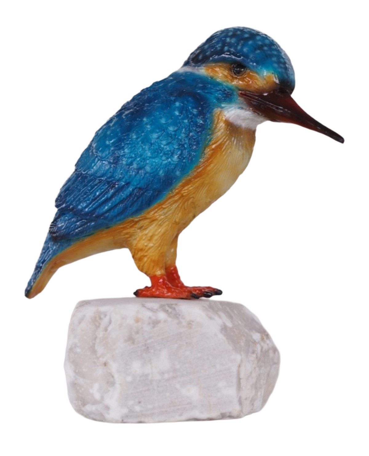 Bronzeskulpturen Skulptur bunter Eisvogel auf einem Stein zur Seite schauend