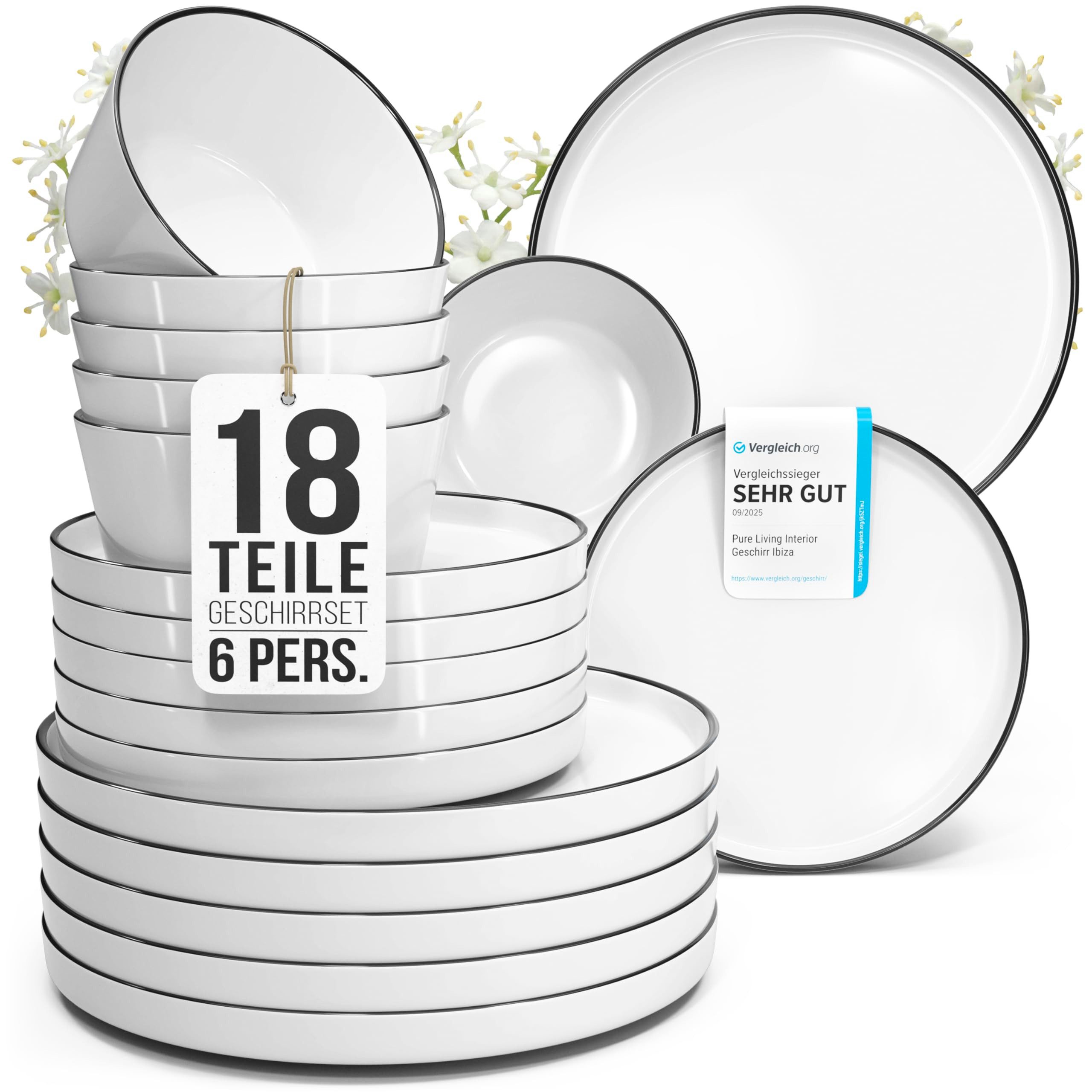 PURE LIVING INTERIOR DESIGN Geschirr-Set Porzellan Geschirrset 6 Personen Scandi 18 tlg. TESTSIEGER, Traumhafte (18-tlg), 6 Personen, Porzellan, Zeitloses skandinavisches Design, Eleganter schwarzer Rand, Minimalis…