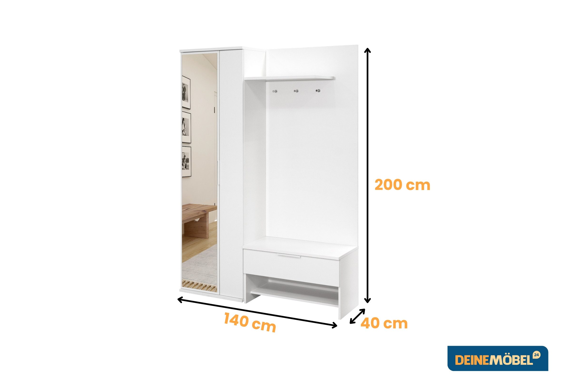 Deine Möbel 24 Garderobenschrank MILANO Garderobe Flurgarderobe Garderoben-Set mit Spiegel (2-St., Eiche Wotan + Schwarz / ganz Weiß matt)