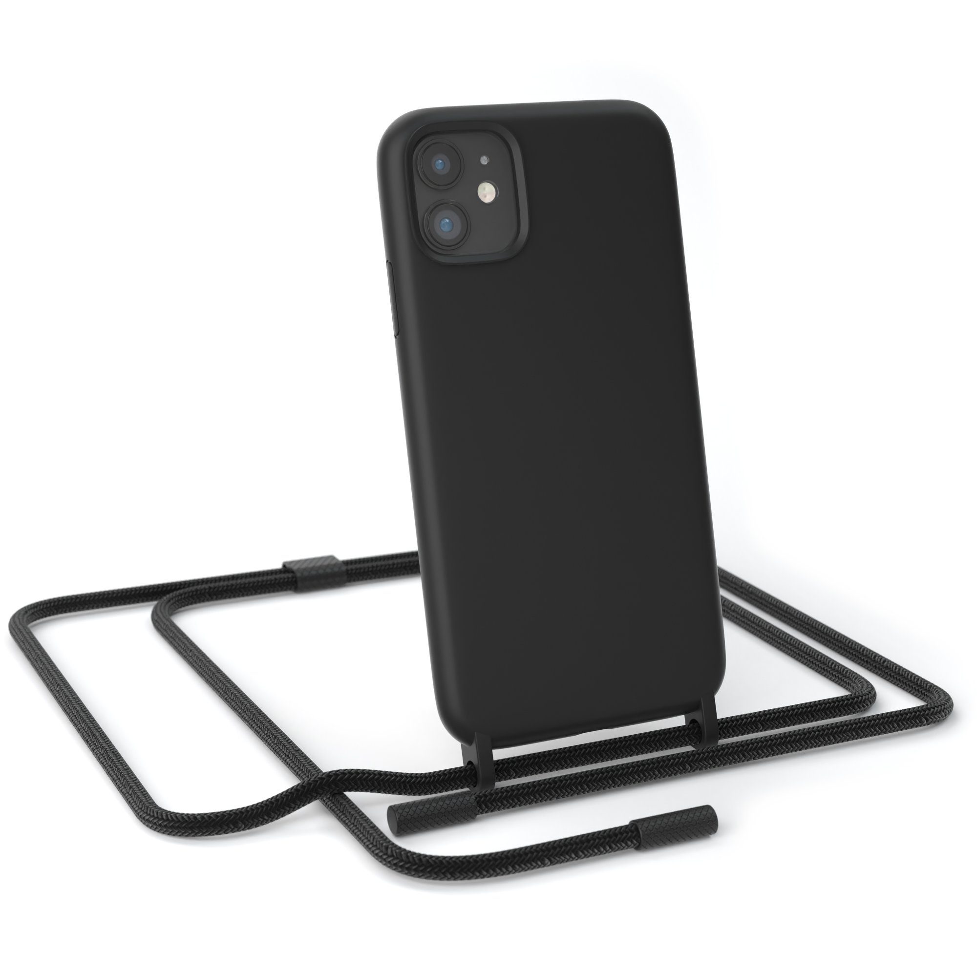 EAZY CASE Handykette Runde Kette für Apple iPhone 11 6,1 Zoll, Smartphonekette Cross Bag Silikonhülle Umhängetasche Necklace Schwarz