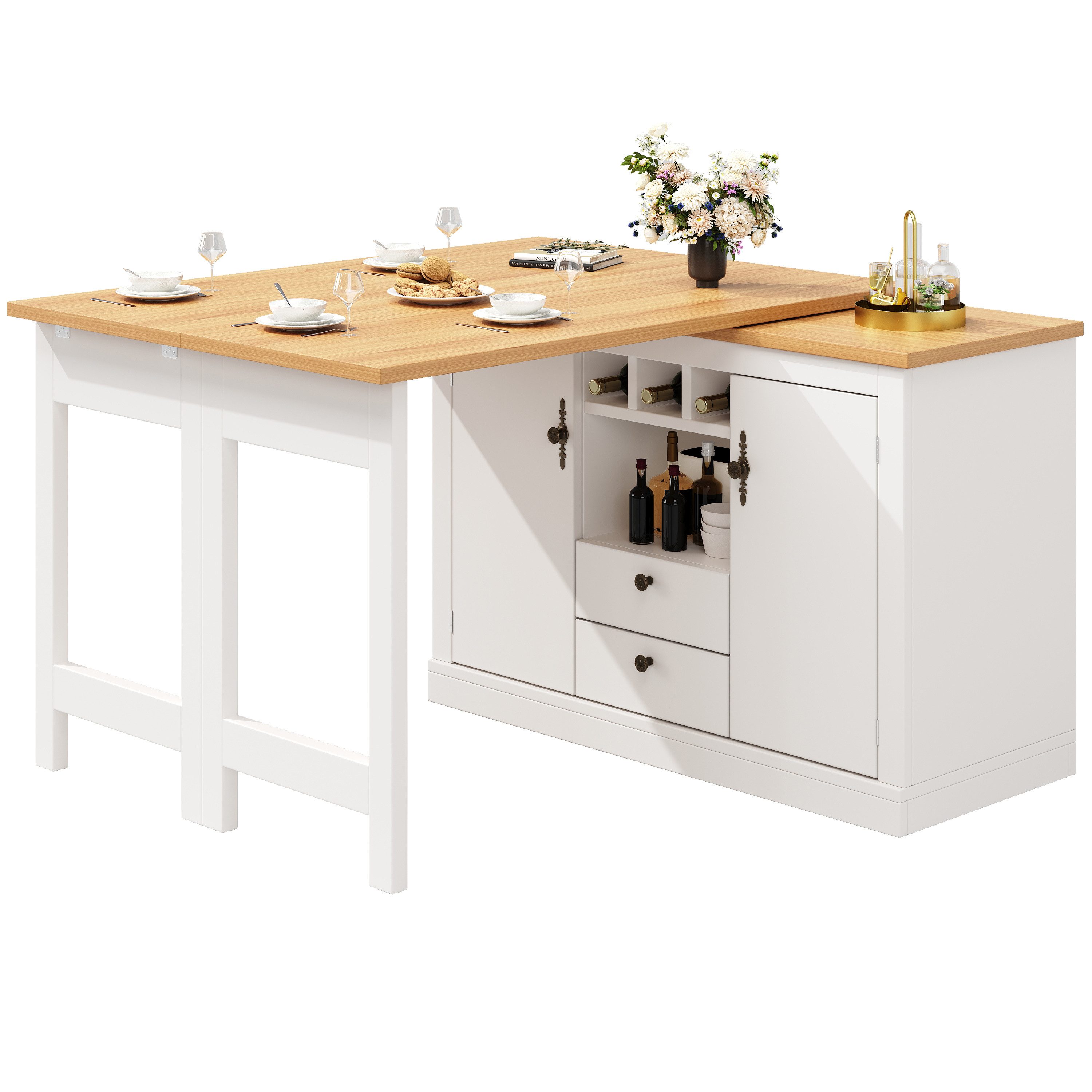OKWISH Bartisch für Wohnzimmer, Esszimmer, Homeoffice (Moderner Bartisch ausziehbar 120–180 cm mit 360° Drehfunktion & Stauraum, Sideboard-Esstisch, 1-St., 120-180 cm)