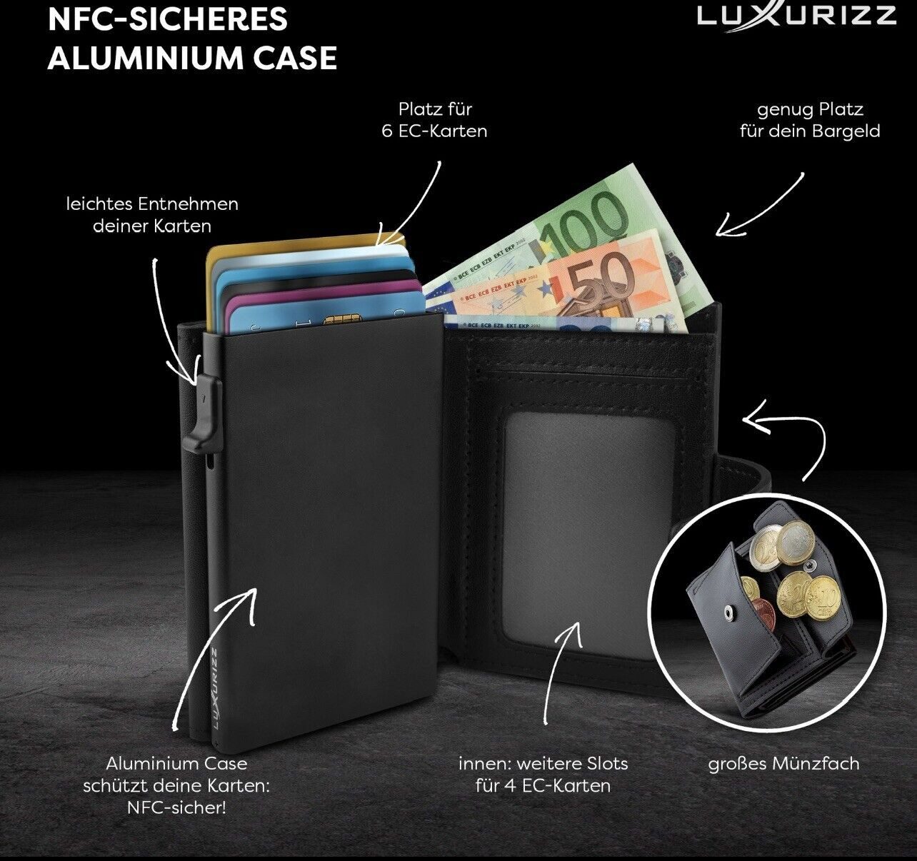 Luxurizz Mini Geldbörse Slim Wallet Echtleder mit Münzfach – Bild 2 von 5