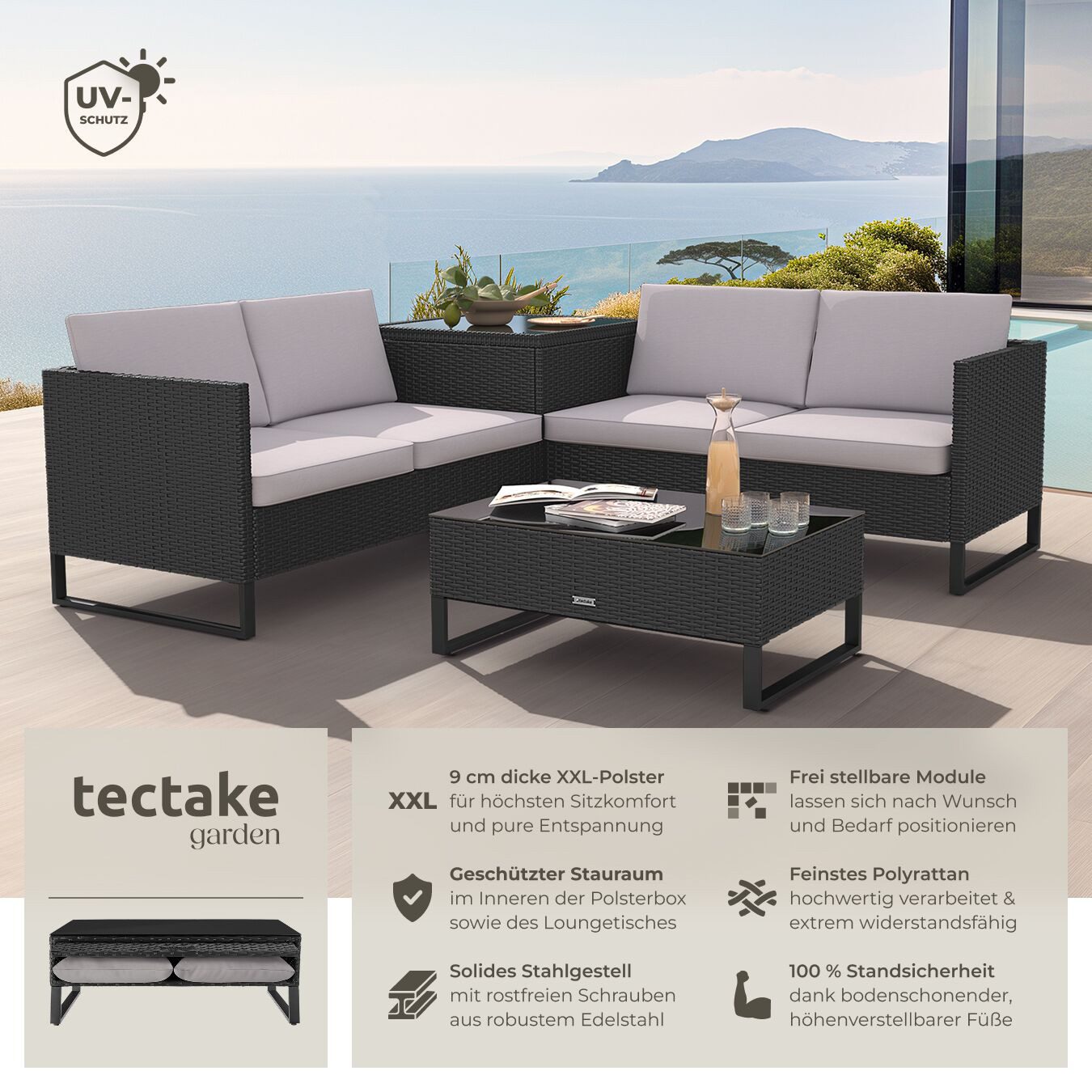 tectake Loungeset Rattan Sitzgruppe inkl. großer Aufbewahrungsbox, für 4 Personen, (Gartenlounge-set Ostuni, 4-tlg., geeignet für Outdoor in Schwarz), widerstandsfähig und UV-beständig, Dicke der Polster 9 cm