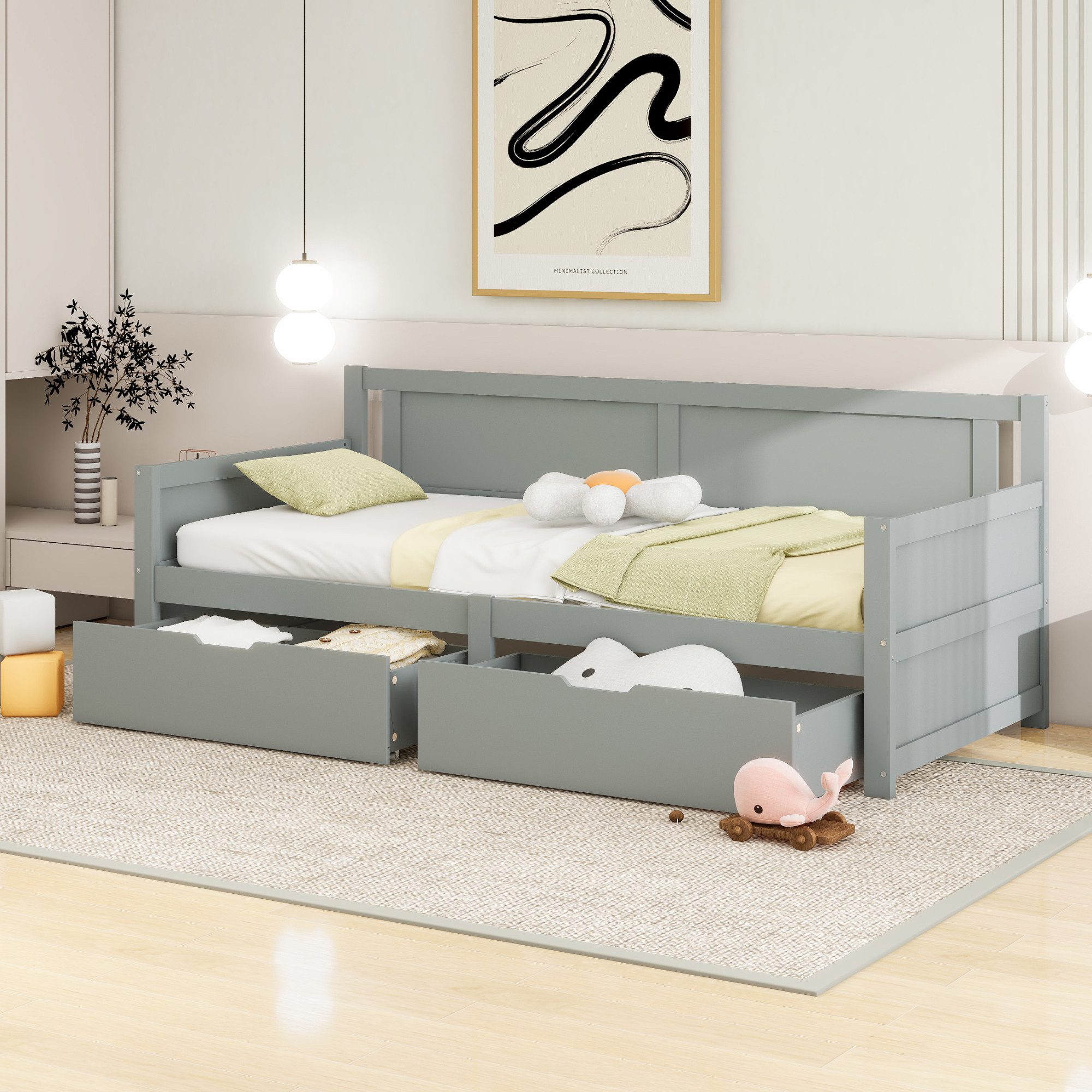 STILVORA Bettgestell 90×200 Schlafsofa Tagesbett mit stauraum,Jugendbett ohne Matratze (mit zwei Ablagefächern Massivholzbett, Jugendbett, 90x200 cm), ohne Matratze