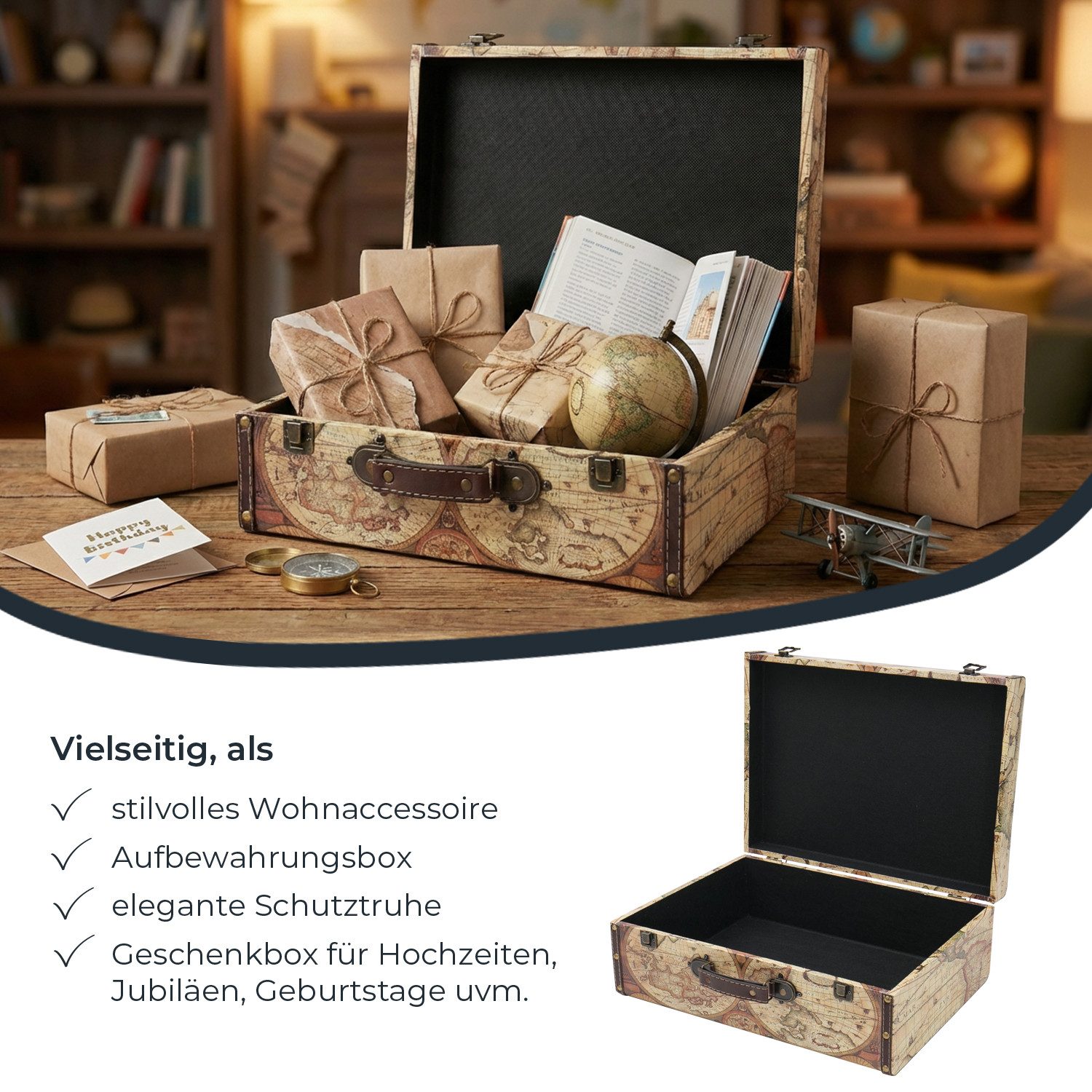 HMF Aufbewahrungsbox Vintage Koffer Holz, Aufbewahrungsbox mit Deckel und Ledergriff als, Geschenkidee für Hochzeit oder Geburtstag, Weltkarte, 44 x 32 x 16 cm – Bild 3 von 5