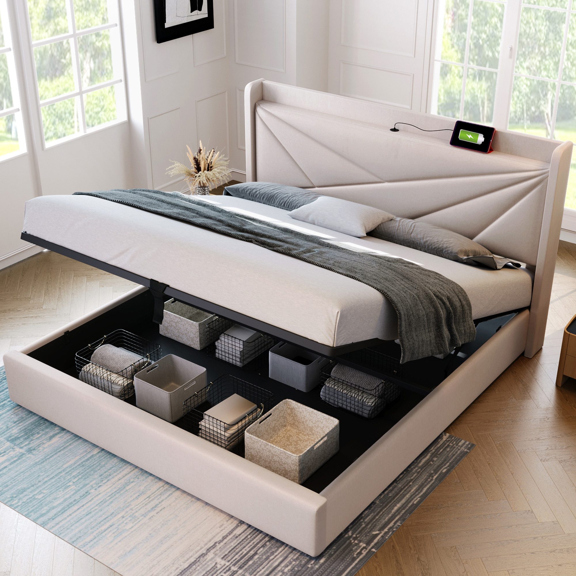 TavilaEcon Boxspringbett mit Bettkasten und USB Typ C, Größe wählbar von 140 bis 180 ×200 cm, 140x200cm, aus Leinenmaterial, Beige, mit Matratze – Bild 4 von 5