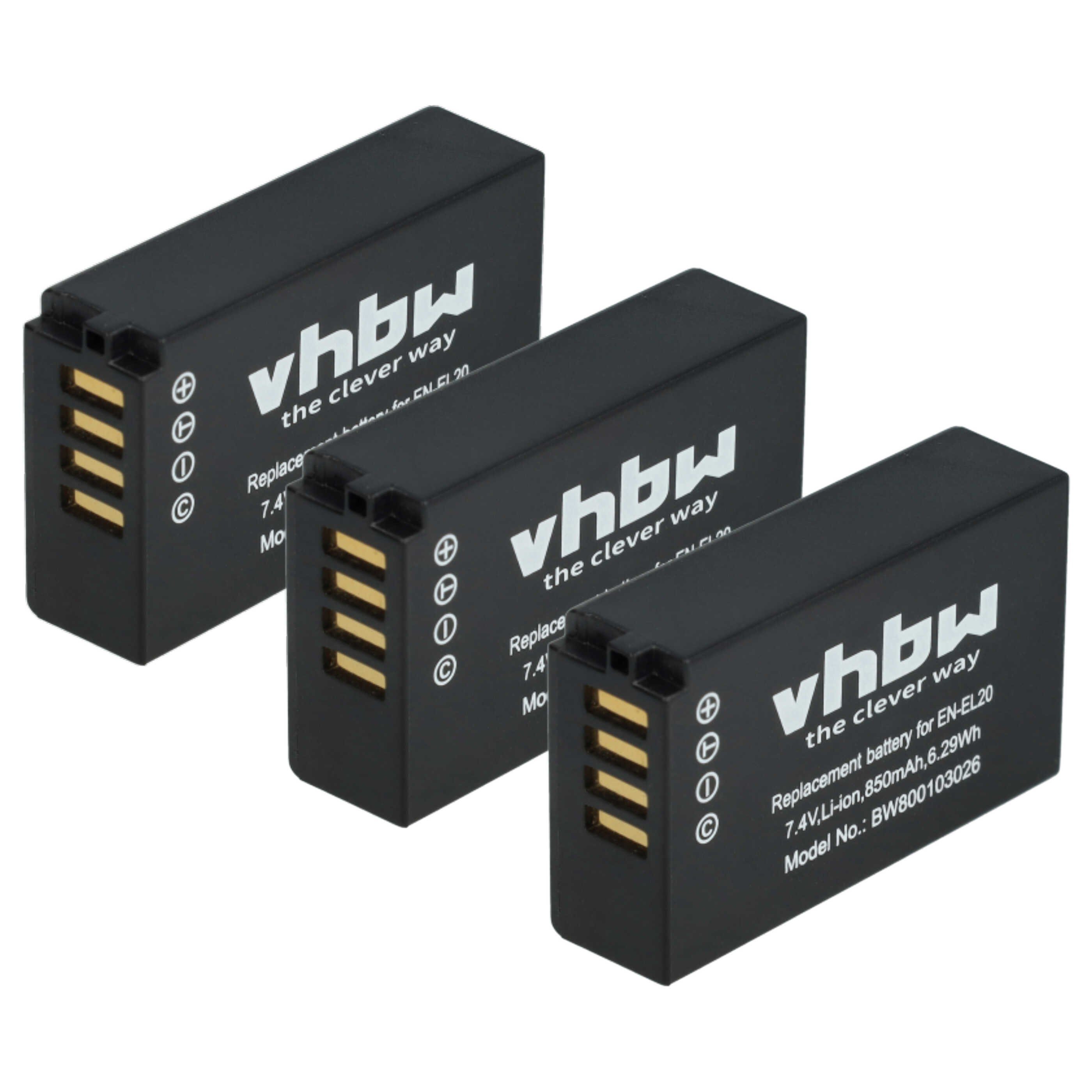 vhbw Akku Ersatz für Nikon EN-EL20a, EN-EL20 für Kamera / Foto / Kamera-Akku Akku Li-Ion 850 mAh (7,4 V, 3 St), Leistungsfähige Austausch-Akkus für Digitalkamera, Spiegelreflexkamera