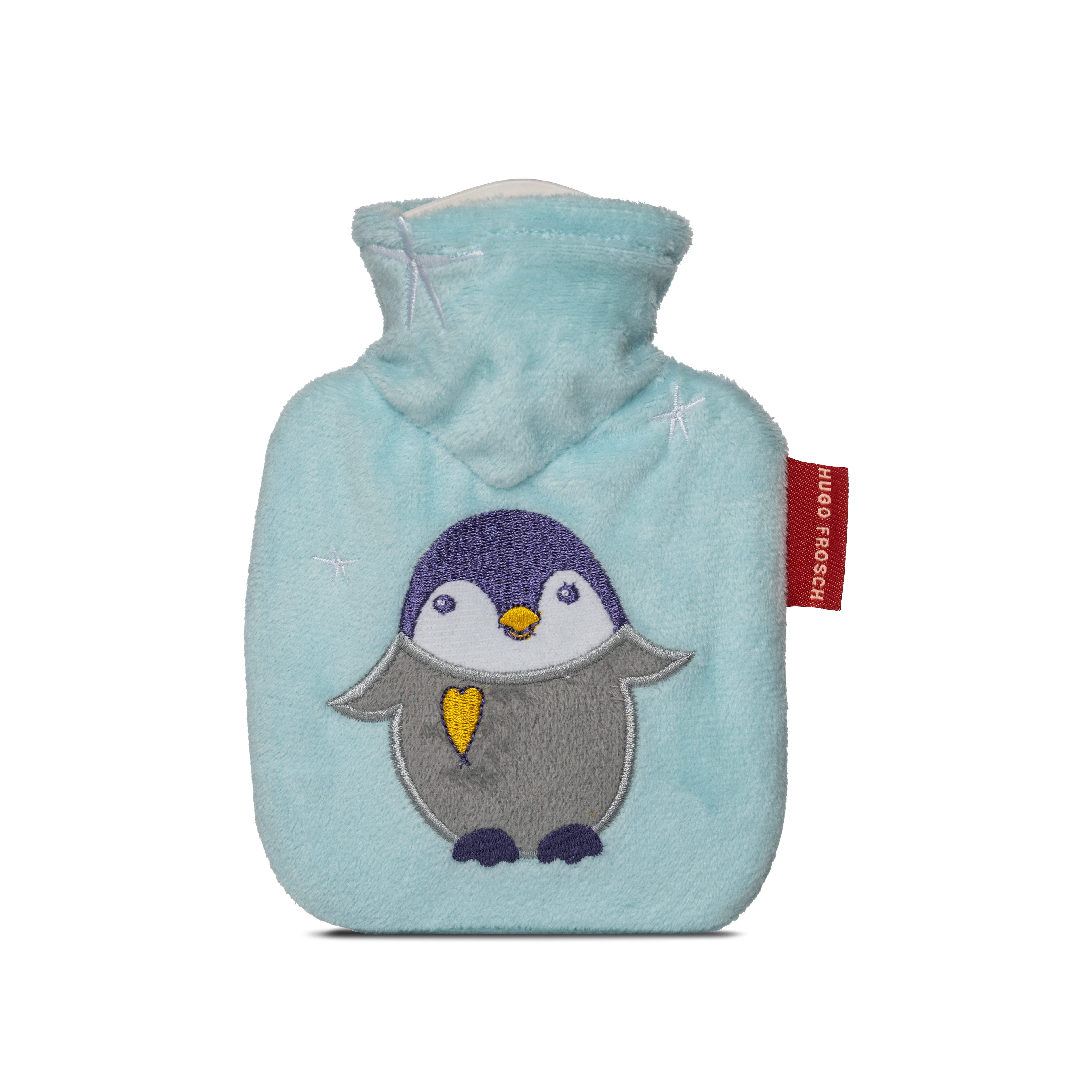 Hugo Frosch Wärmflasche Klassik Mini 0,2 l Handwärmer Made in Germany mit Tier-Veloursbezug, Pinguin Eisblau - langlebige Bettflasche, waschbarer Überzug