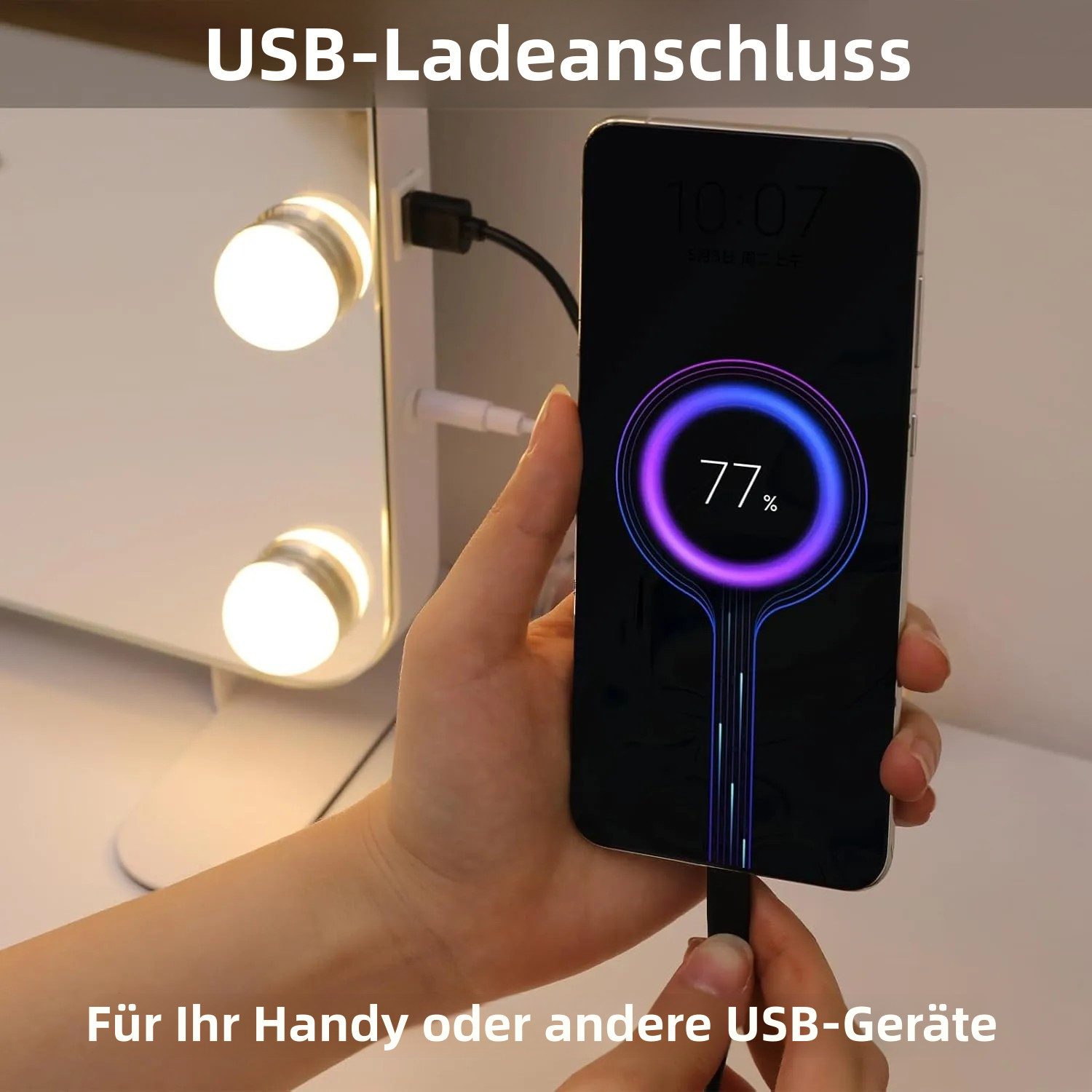 TLGREEN Schminkspiegel Hollywood Spiegel mit Licht 80x60/58x46 cm (USB- und TYPE-C-Ladeanschlüsse, Drei helle Farben), 10-fache Lupe