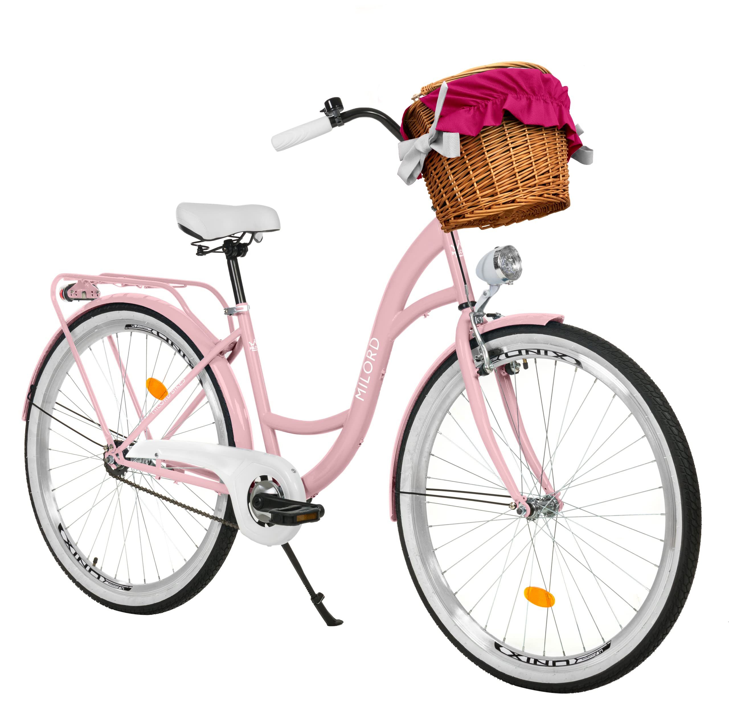 Milord Cityrad Milord City Fahrrad Weidenkorb Damenfahrrad, 28/26 Zoll, Rosa, 1-Gang, 1 Gang, (Fahrradständer, Gepäckträger, Klingel, Korb, Kotflügel)