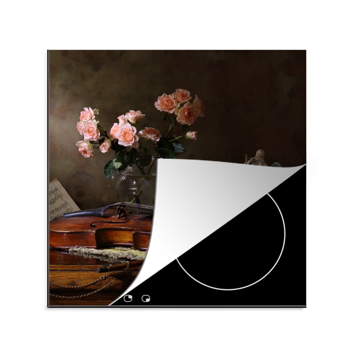 MuchoWow Herdblende-/Abdeckplatte Geige - Stilleben - Blumen, Vinyl, (1 tlg), 78x78 cm, Ceranfeldabdeckung, Arbeitsplatte für küche