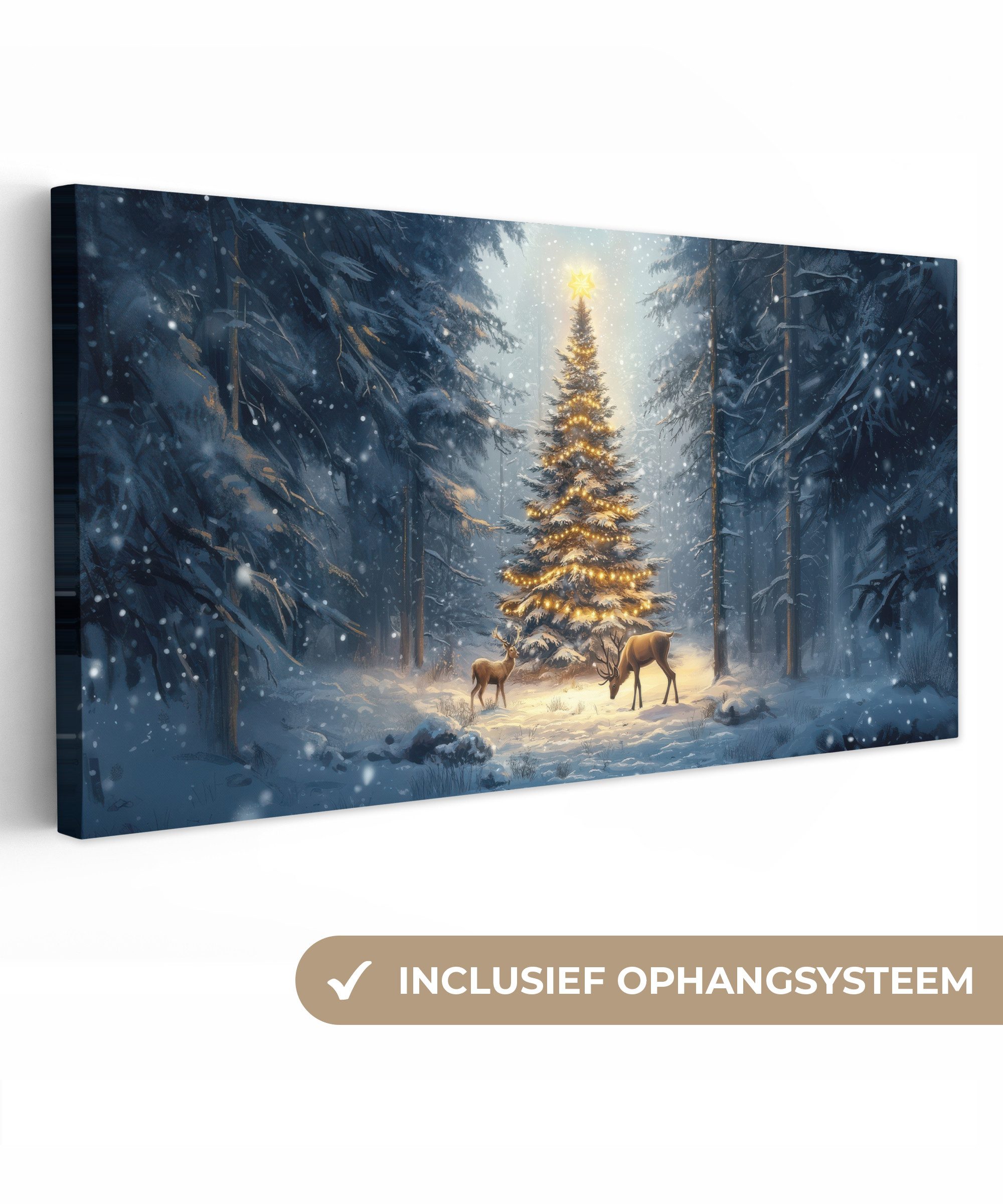OneMillionCanvasses® Leinwandbild Panorama Weihnachtsbeleuchtung - Wald - Hirsche - Dunkelheit, Fotodruck (1 St), Wandbild, Deko Schlafzimmer Wohnzimmer Flur 40x20 cm