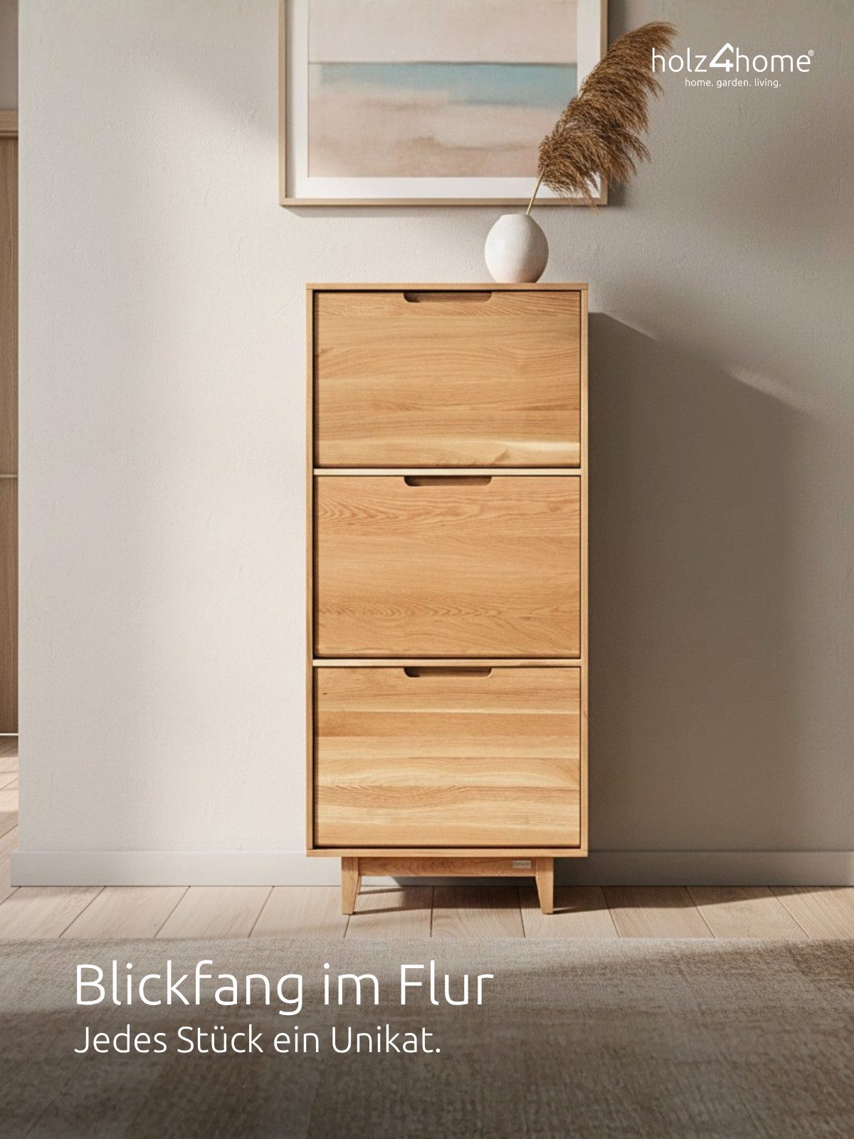 holz4home® Schuhschrank Schuhkipper Massivholz Eiche I 3 Fächer Flurschrank großer Stauraum Gefertigt aus massivem Eichenholz
