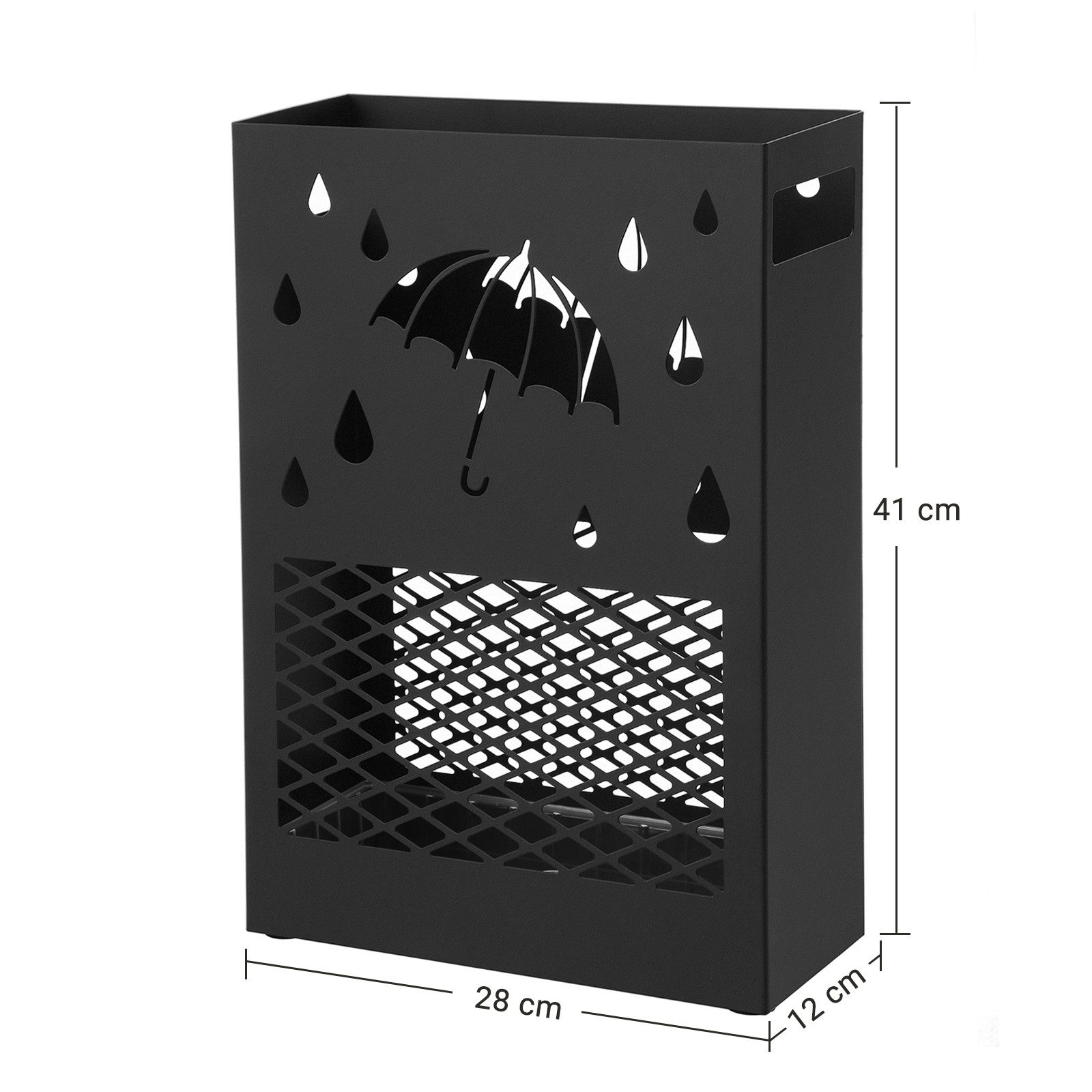 SONGMICS Schirmständer, Regenschirmständer aus Metall, herausnehmbare Tropfschale, 4 Haken
