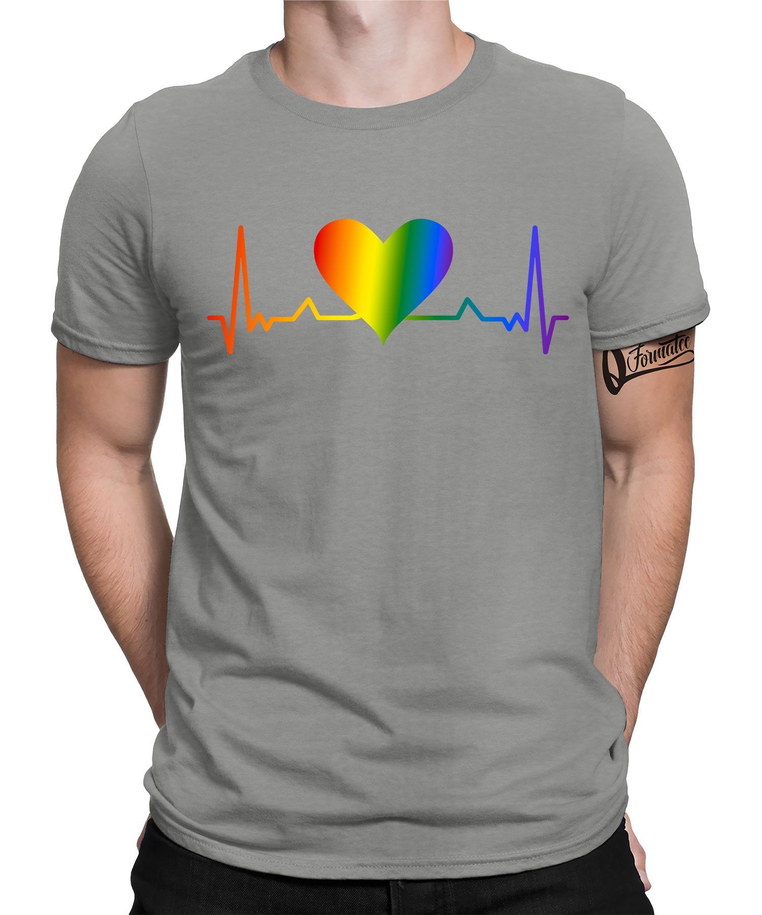 Gay Heather Formatee Kurzarmshirt - Stolz (1-tlg) Grau Quattro Herren T-Shirt Herzschlag Regenbogen LGBT Pride