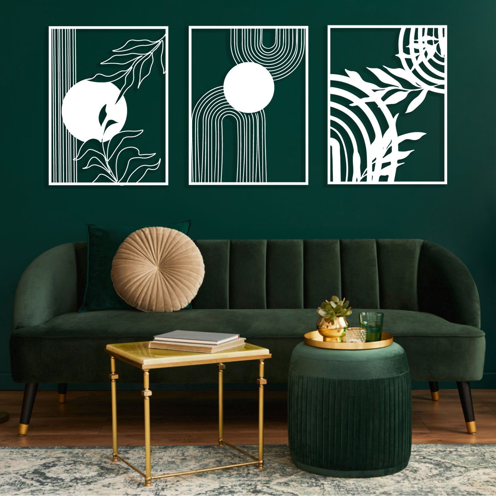 Jumpeak Wanddekoobjekt Metall Wanddeko Set 3-teilig, Modern Geometrisch-Florales Design, Stylisches Wohnaccessoire für Modernes Interieur,Geschenk zum Einzug