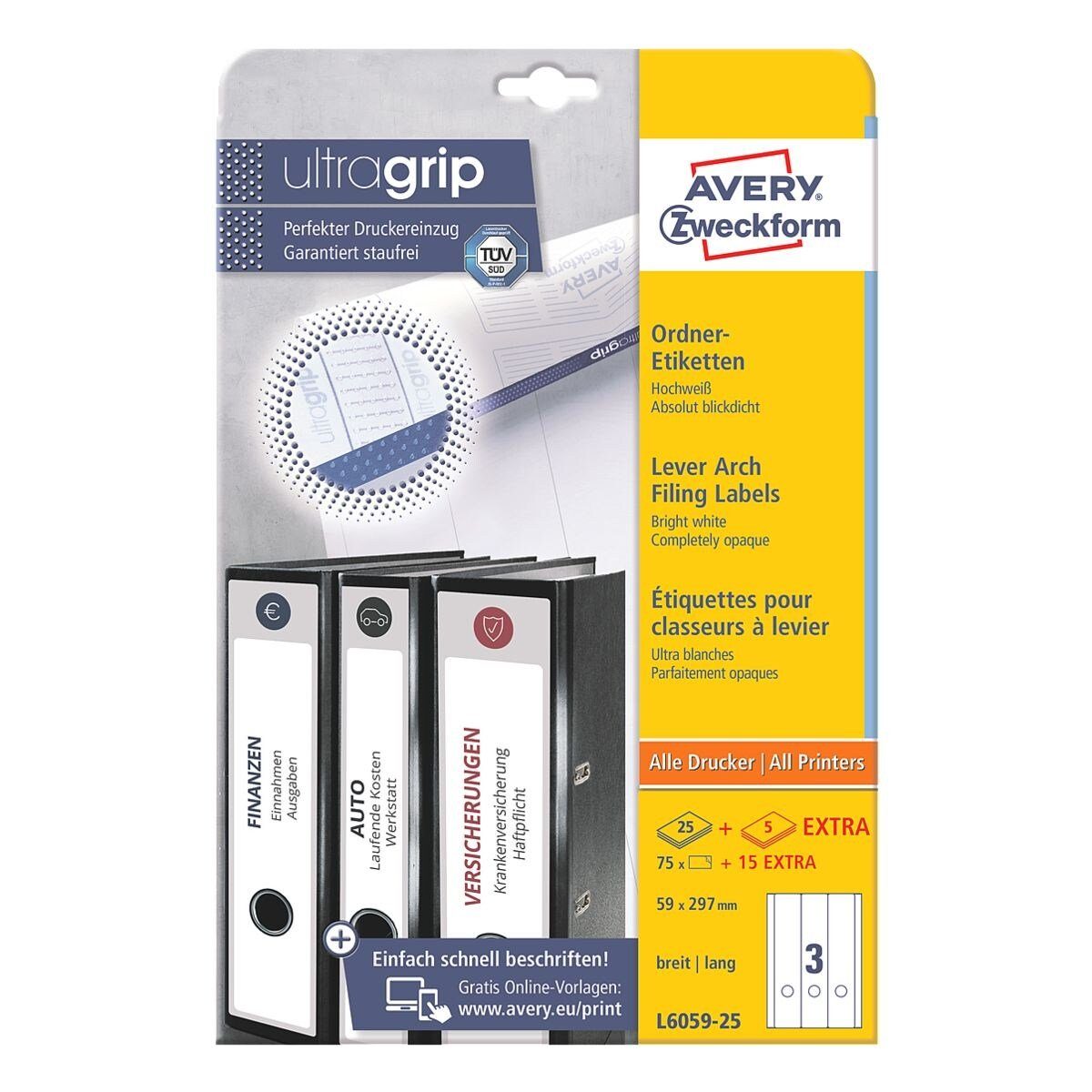 Avery Zweckform Etiketten L6059-25, für Ordner, 90 Stück, lang/breit (59x297 mm), selbstklebend