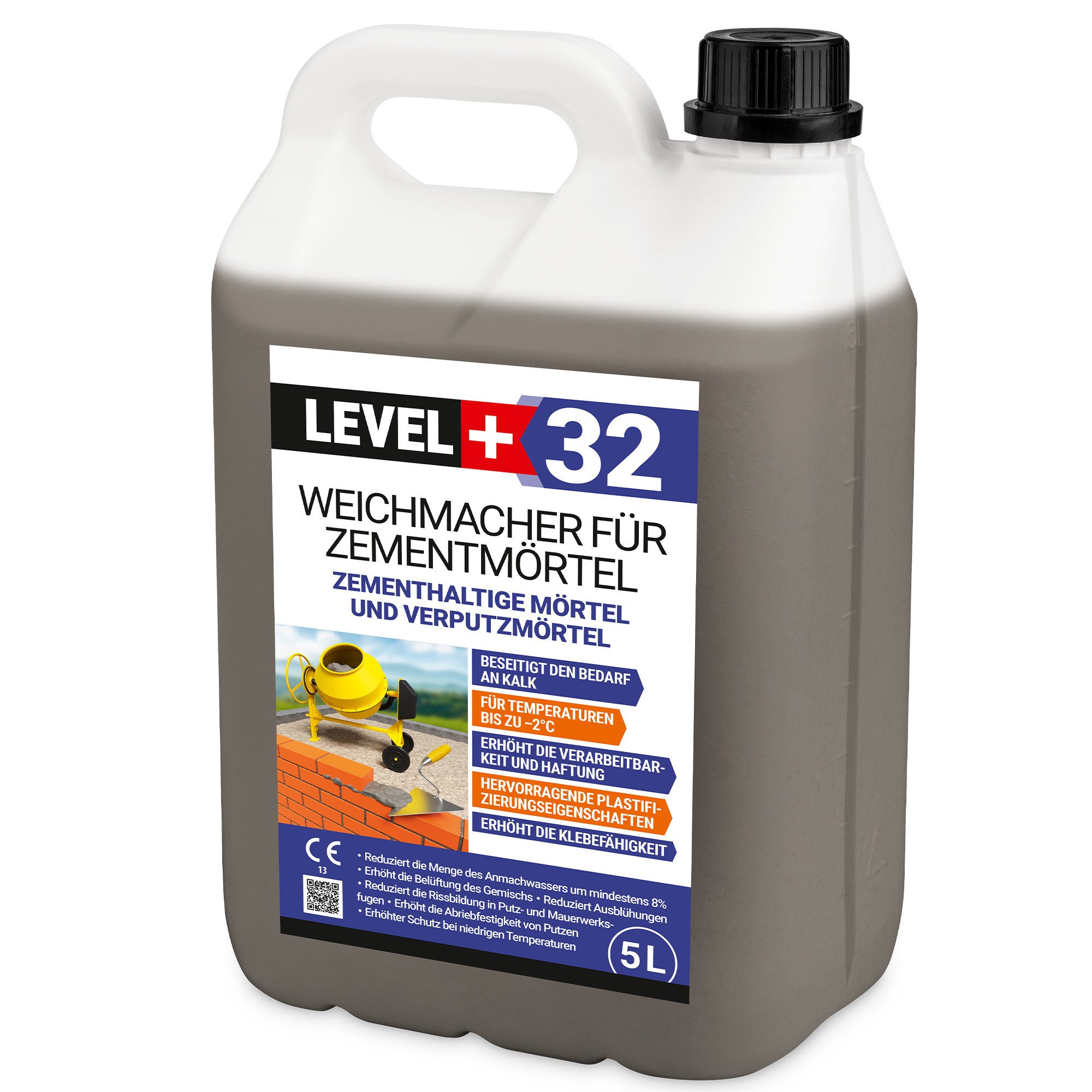 Level+ Beton LEVEL+ Weichmacher für Mörtel Flüssig L+32 Ersetzt Kalk 5L
