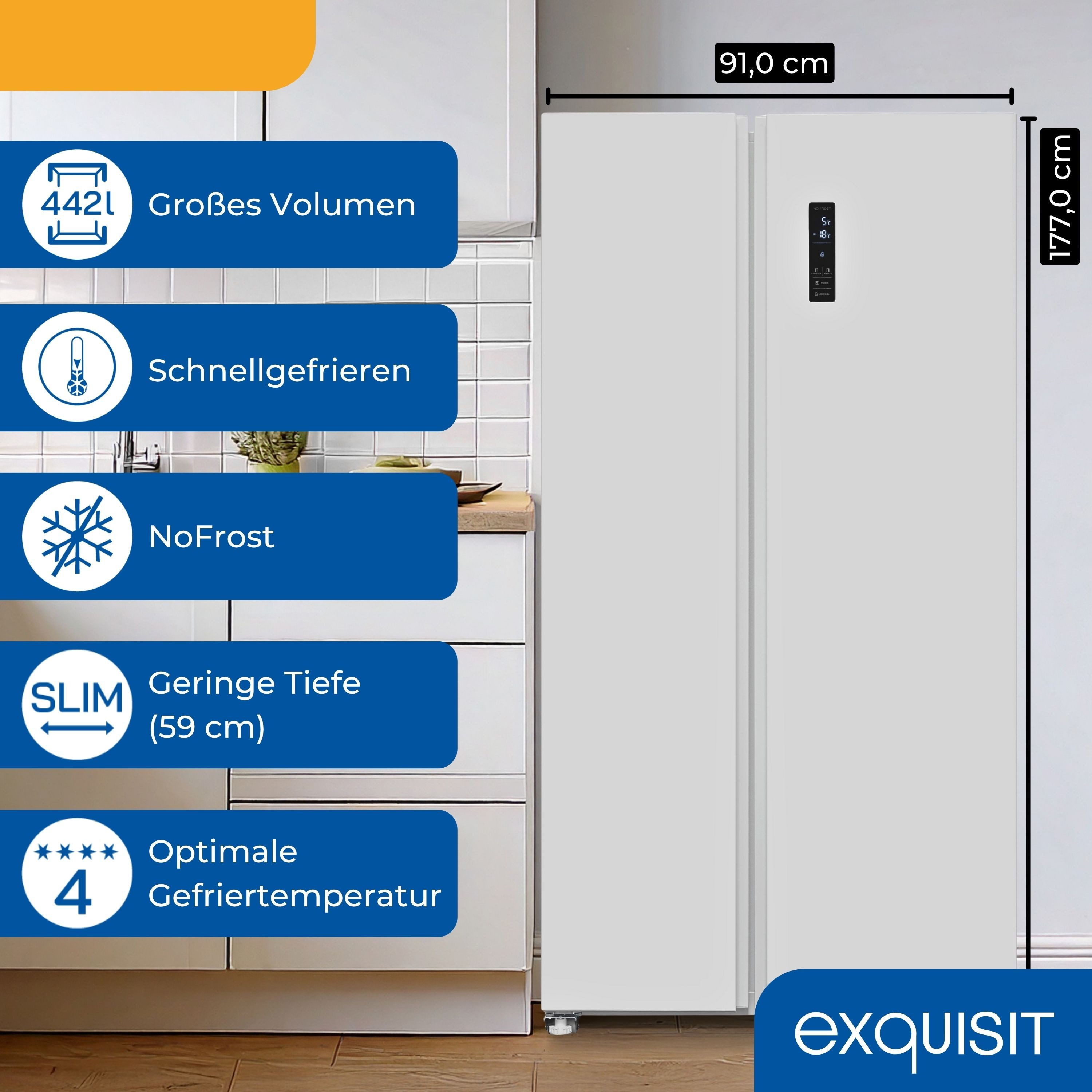 exquisit Side-by-Side SBS546-040D, 177 cm hoch, 91 cm breit, No Frost, Temperaturanzeige, Temperaturregelung, Innenbeleuchtung