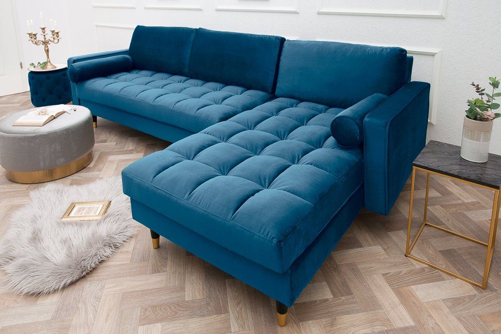schwarz · · · 260cm L-Form Couch riess-ambiente inkl. · / Federkern Wohnzimmer blau · Samt Einzelartikel Kissen COZY VELVET Ecksofa gold, Teile, Barock 1 petrol