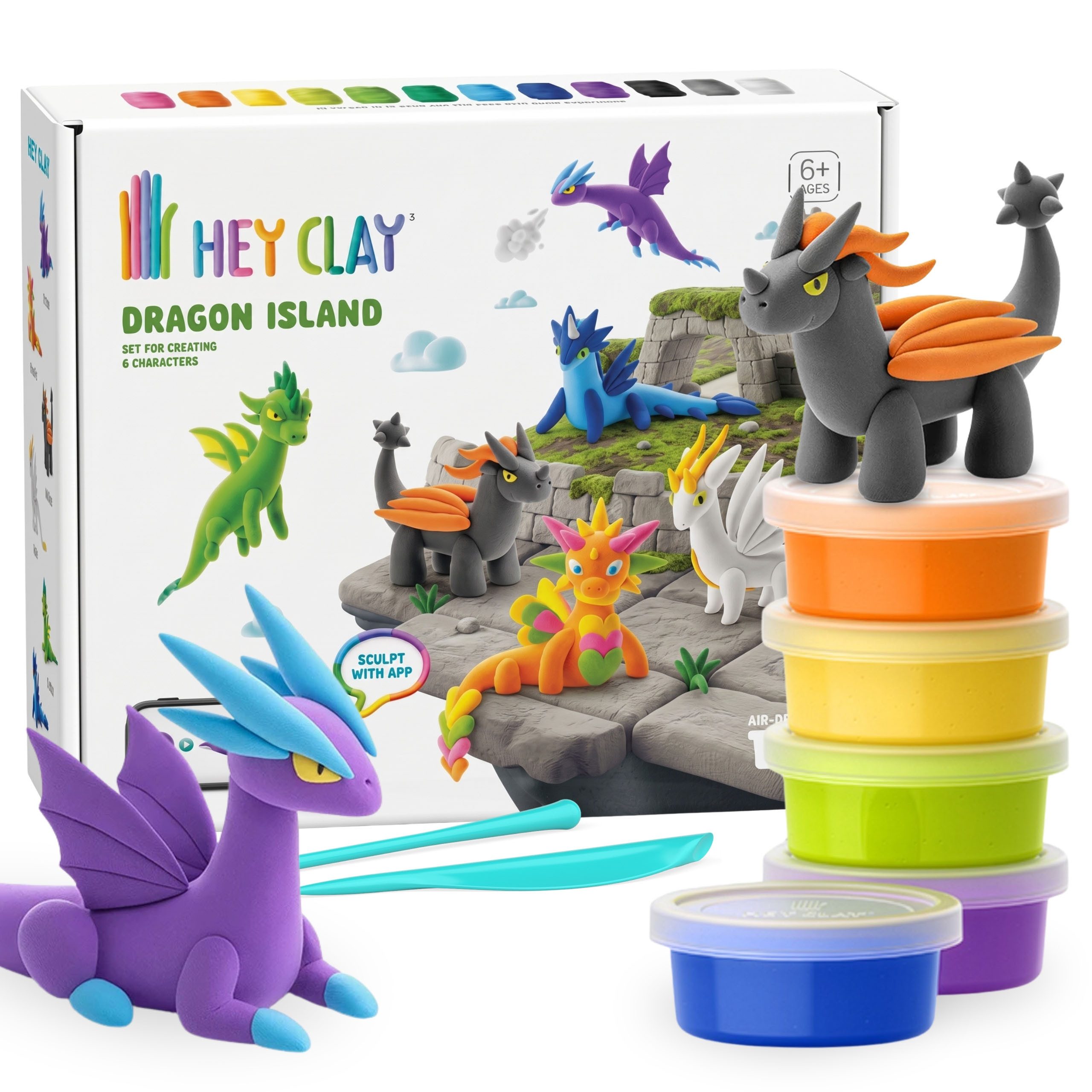 Sarcia.eu Modelliermasse Hey Clay Dracheninsel Knetmasse zum Spielen + Zubehör, 15 Farben