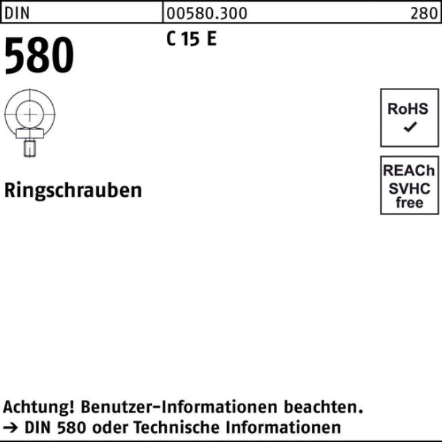 Reyher Schraube Ringschraube E DIN E C 15 C 580 M12 Pack Stück 15 Ri 580 10 100er DIN