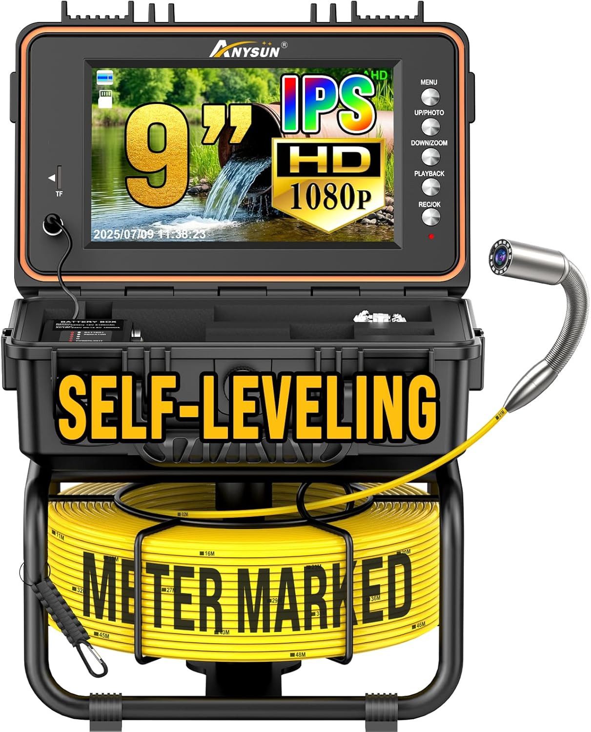 ANYSUN Endoskopkamera mit Selbstnivellierung, 9" IPS Bildschirm 5mm Kabel Inspektionskamera (HD, Bildstabilisator)