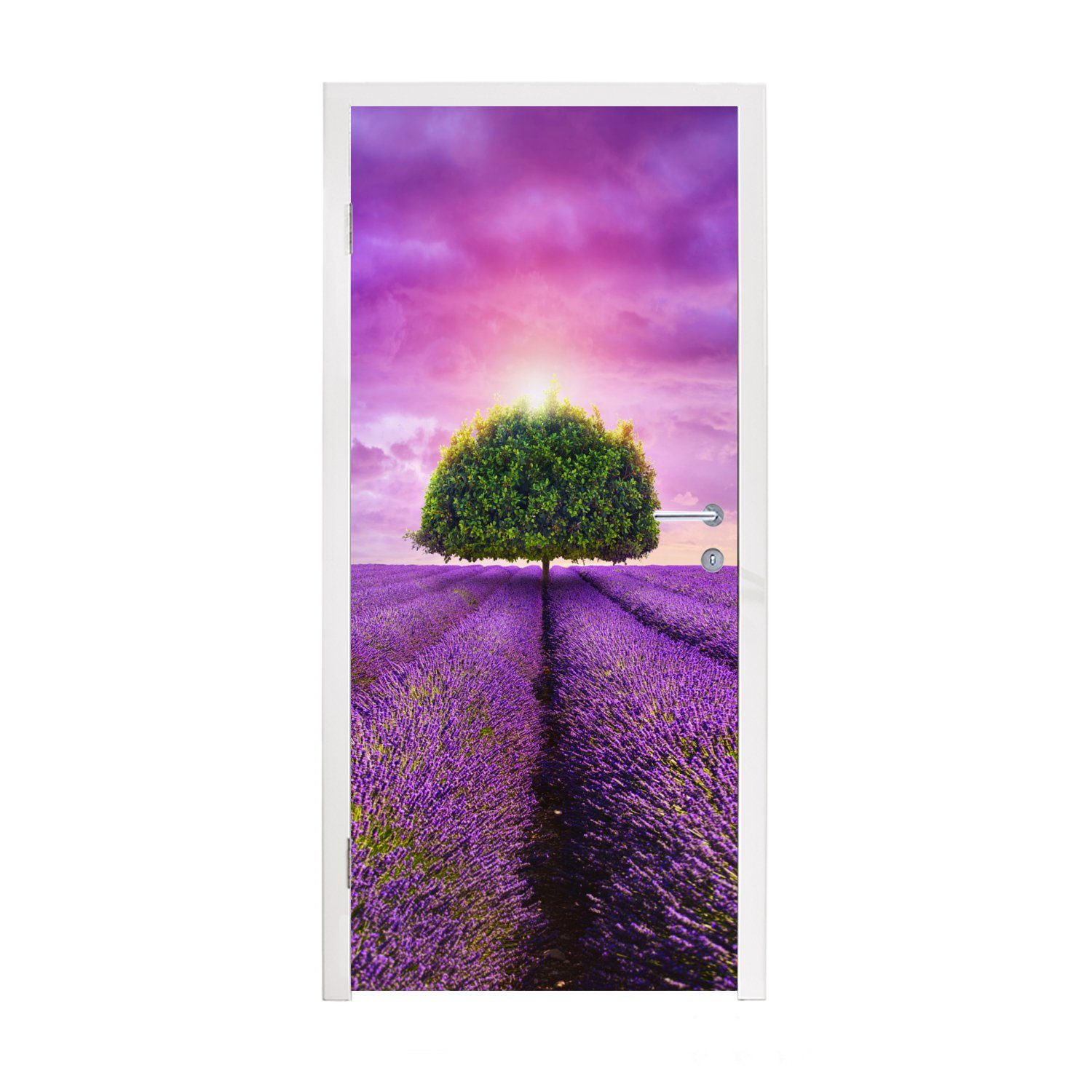 bedruckt, Lila - Fototapete MuchoWow für Türaufkleber, - St), Baum Wolken, Lavendel Türtapete - Tür, Matt, cm (1 75x205