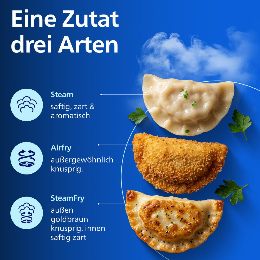 Philips Heißluftfritteuse NA555/00 Steam Airfryer 5000 Series Dual Basket, 9L Kapazität (3L+6L), 2750 W, mit Dampfgar-Funktion; Silber/Edelstahl