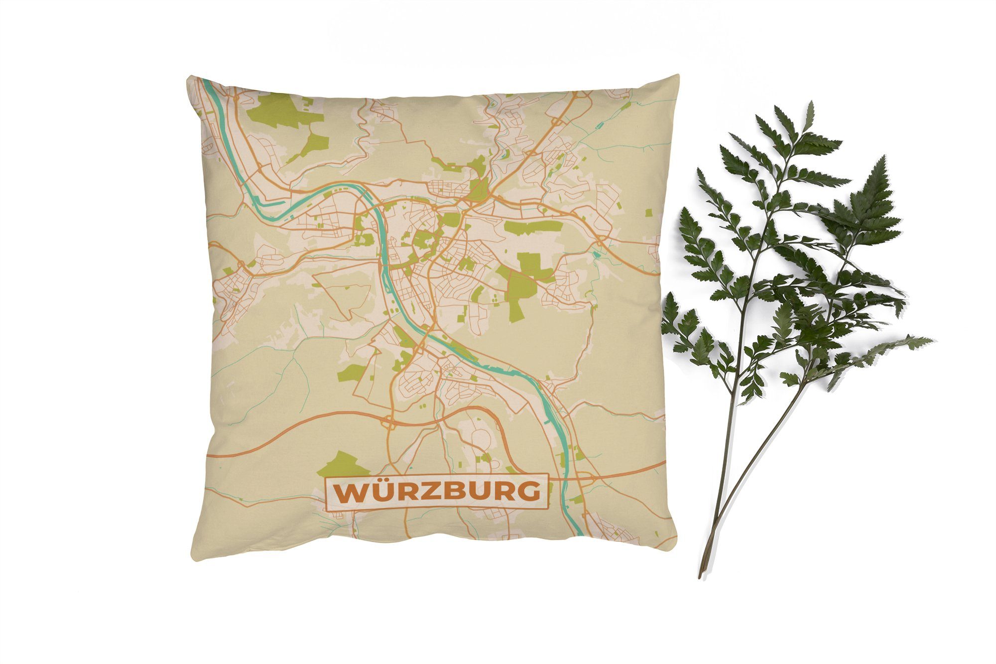 MuchoWow Dekokissen Stadtplan - Würzburg - Stadtplan - Vintage, Zierkissen mit Füllung für Wohzimmer, Schlafzimmer, Deko, Sofakissen